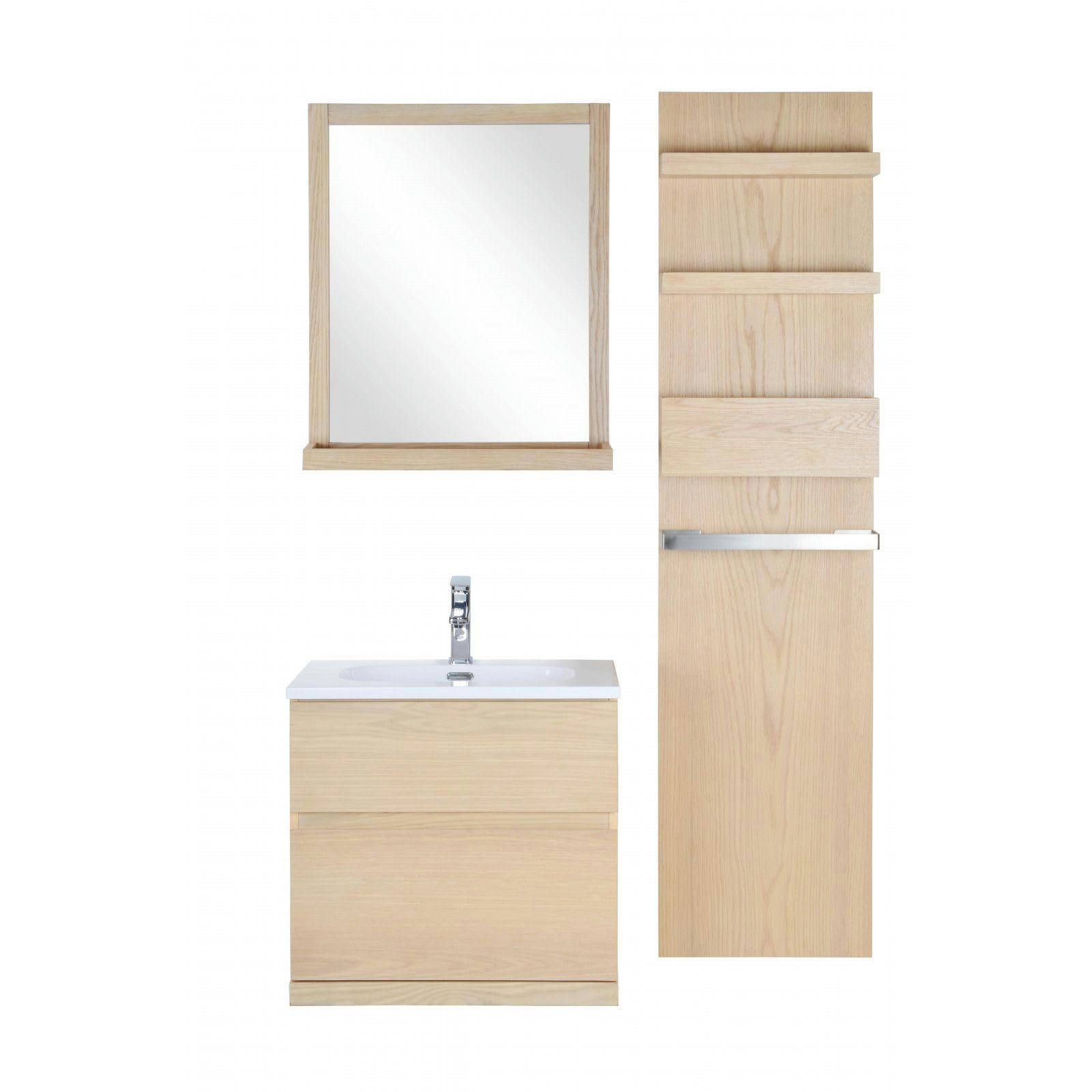 ENIO - Meuble sous vasque chêne avec plan résine  60cm + miroir + colonne