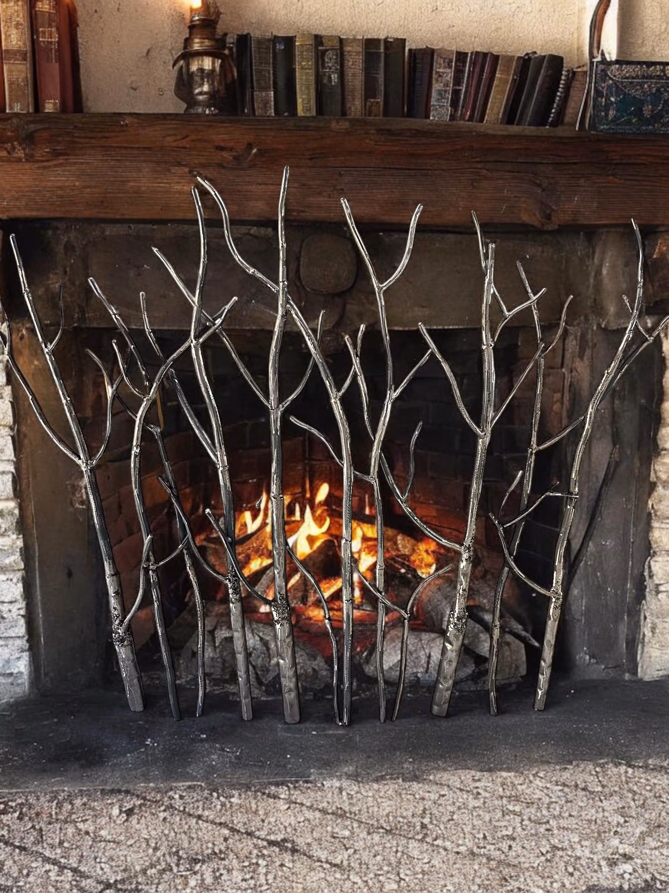 Forged Iron Aspen Tree Fireplace Cover, Fireplace Insert, Metal Tree Art, Rustic Fireplace Decor