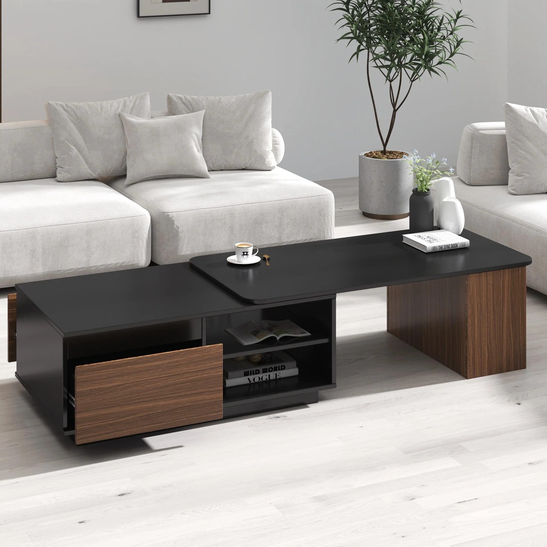 Storage Coffee Table, Length Adjustable Wood Coffee Table with 2 Drawers for Living Room, Large Rectangular Center Table