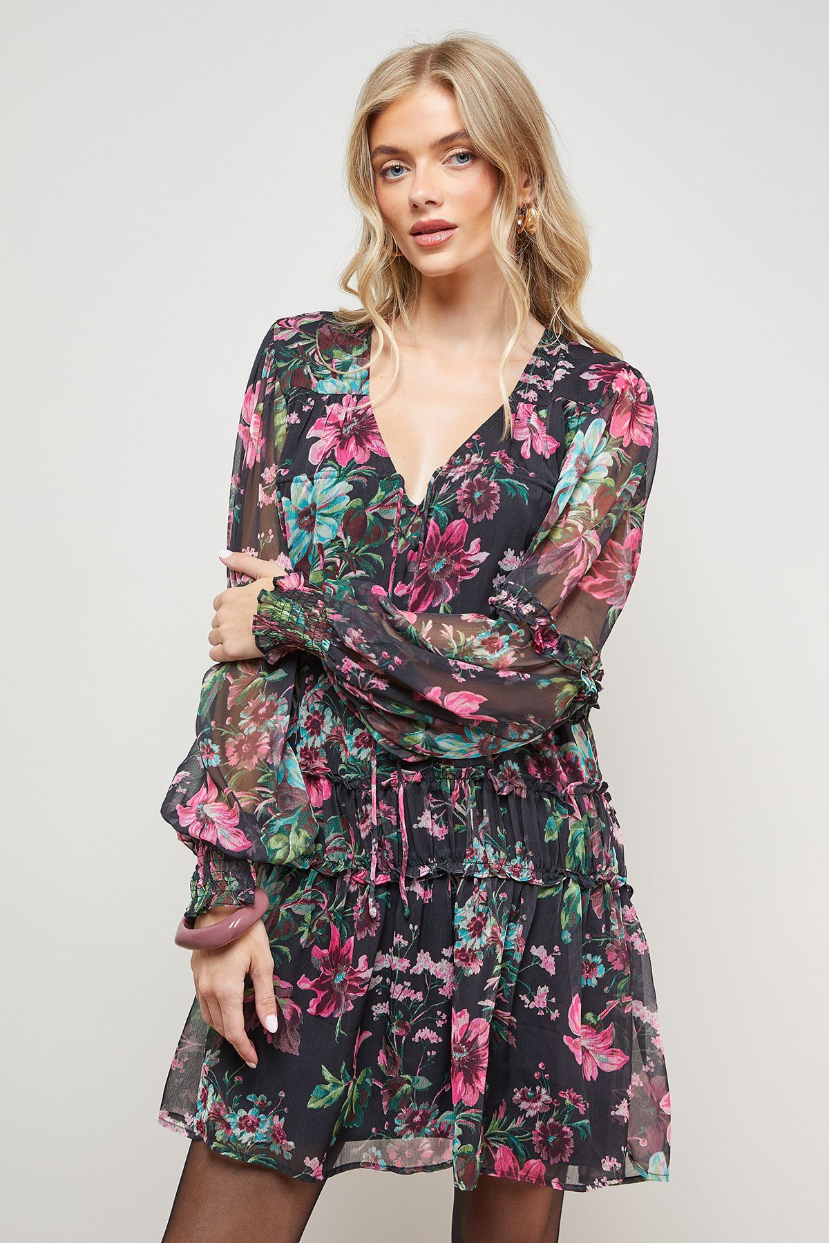 Oasis Printed Chiffon Shirred Front Tie Neck Mini Dress