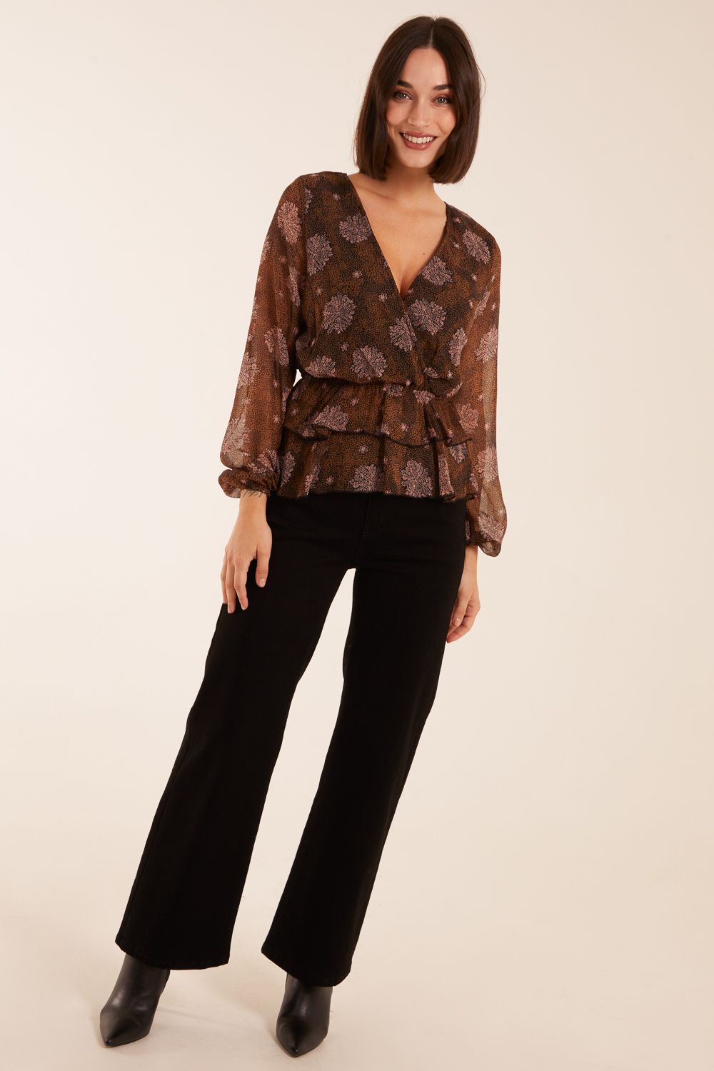 Blue Vanilla Floral Ruffle Wrap Blouse