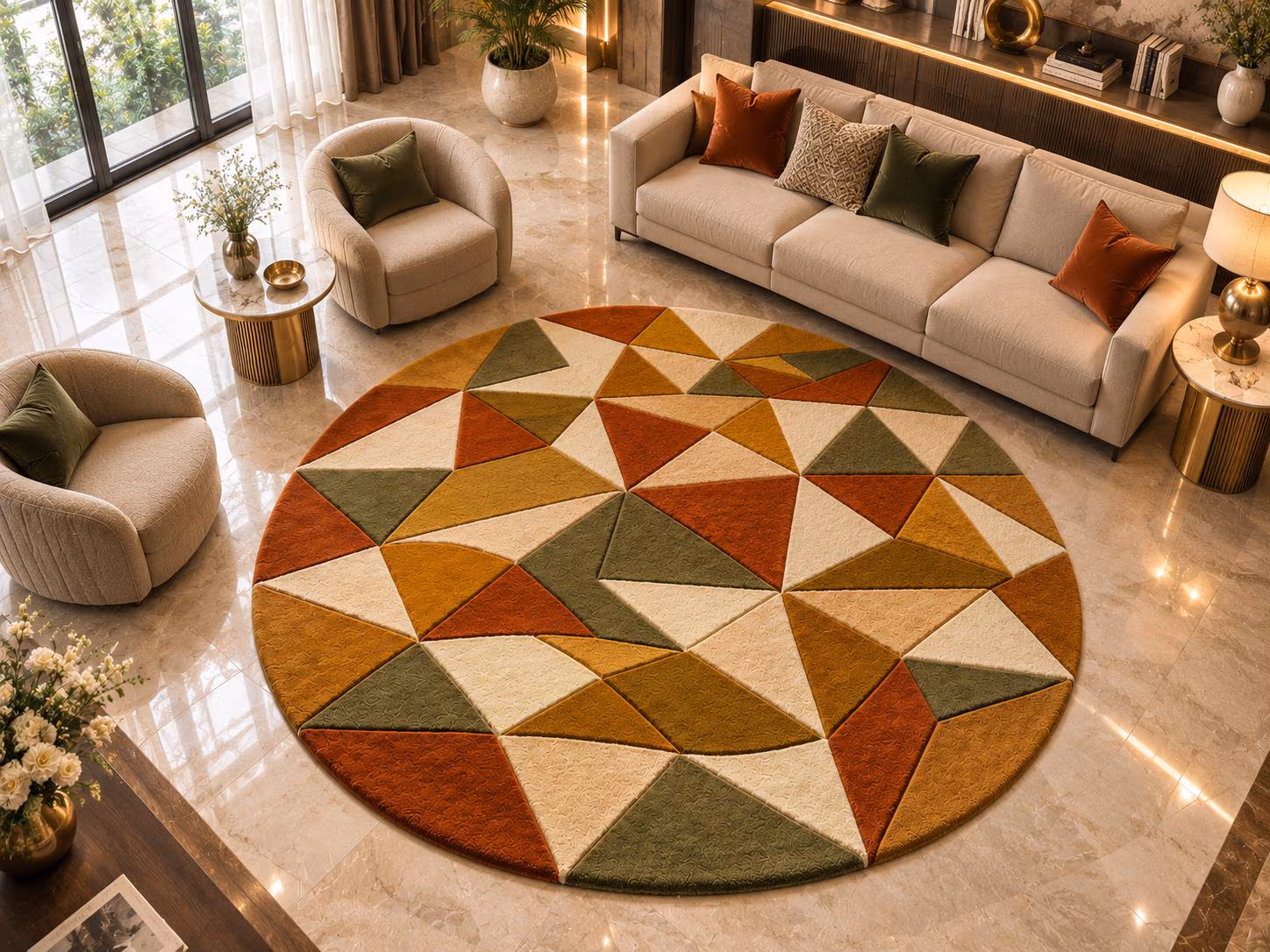 Hand Tufted Wool Area Rug, Round Geometric Abstract Rug, Rust Olive Mustard Cream,Colorful Abstract Geometric Area Carpet,Modern Living Room