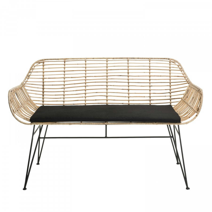 CHLOE - Canapé 2 places en rotin naturel coussin noir pieds en métal