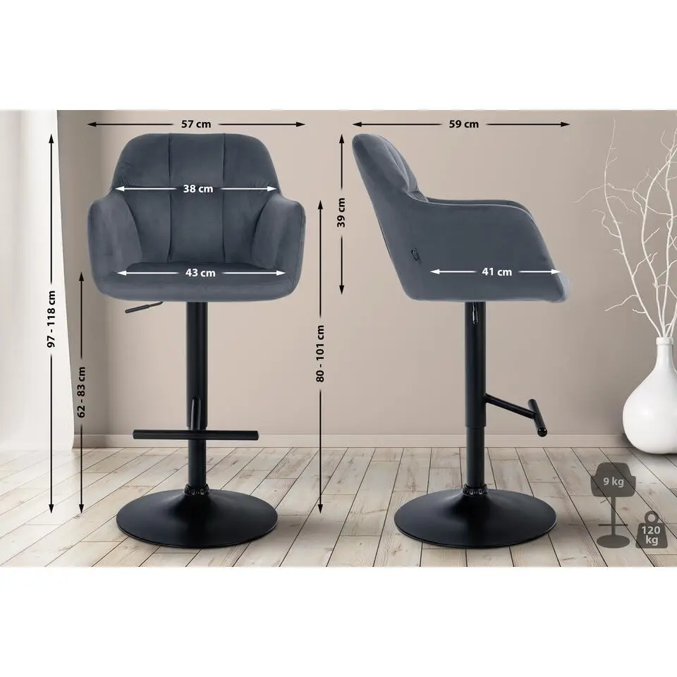 CLP Barkruk Natoma zwart Frame - Fluweel - donkergrijs