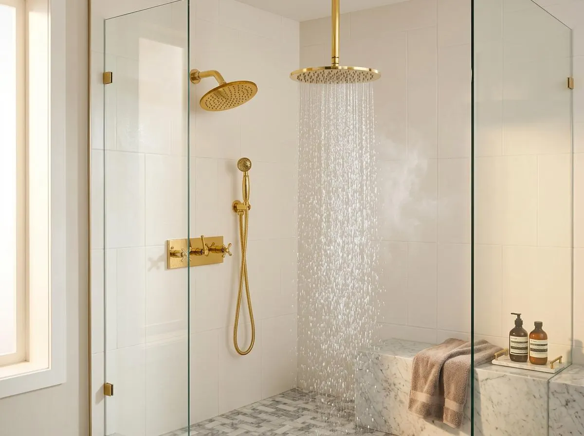 Unlacquered Brass Shower System – Dual Rain Shower with Ceiling Head & Handheld Set
