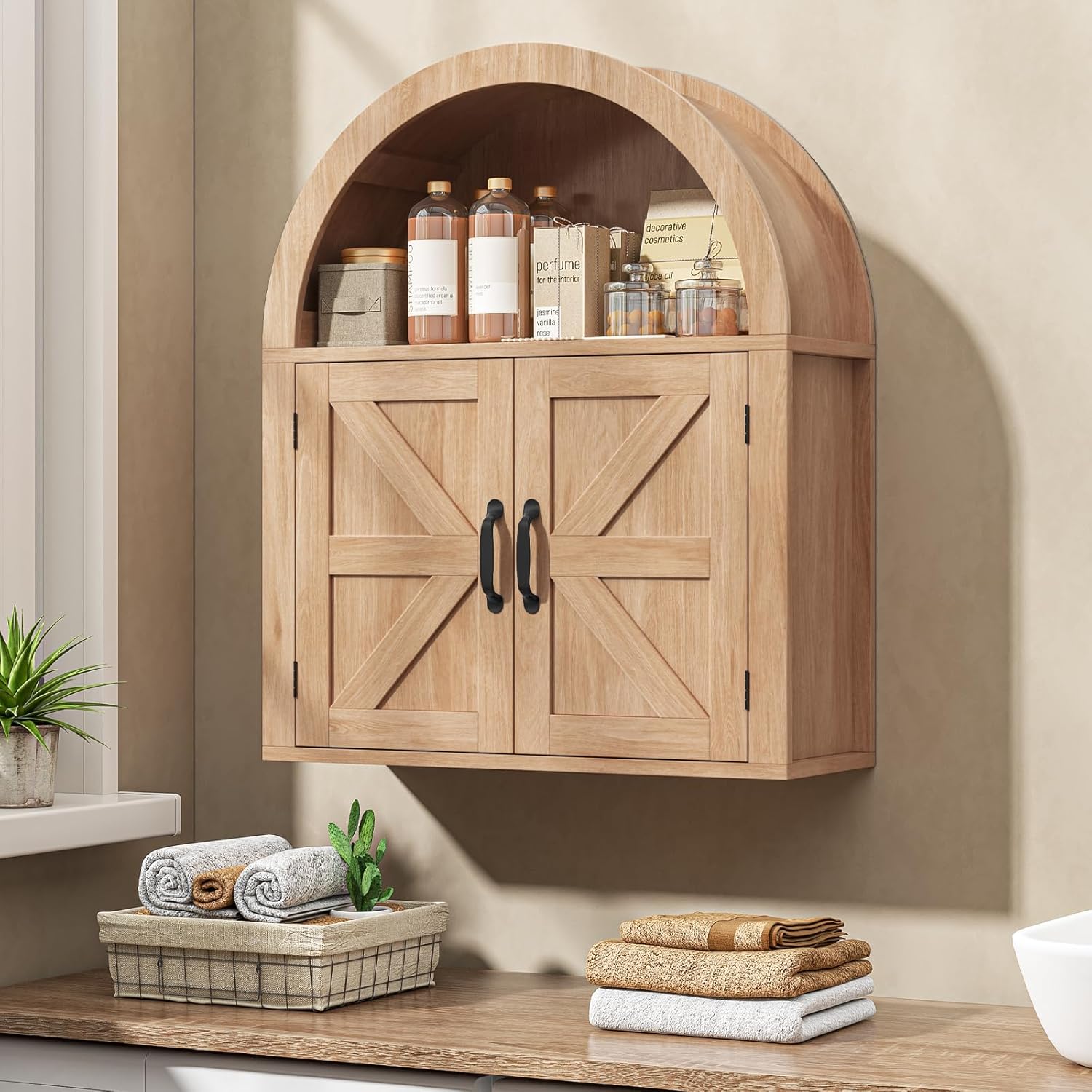 Halitaa Arched Bathroom Wall Cabinet, Farmhouse Medicine Cabinet with Barn Door and with Adjustable Shelf, 23.6 x 28.7'' Wooden Storage Cabinet Wall Mounted for Bathroom Laundry Room Kitchen, Natural