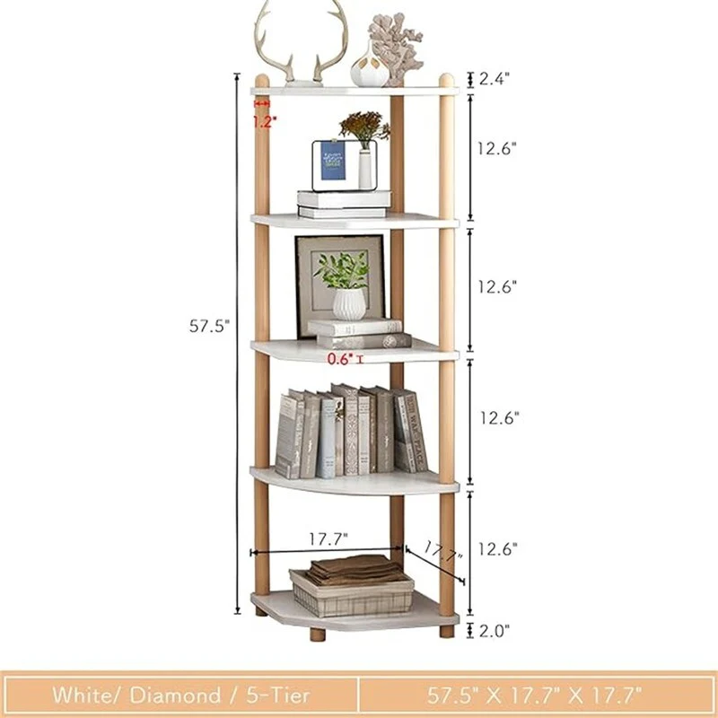  5 Tier Wooden Corner Bookshelf - 17.71D x 17.71W x 57.5H