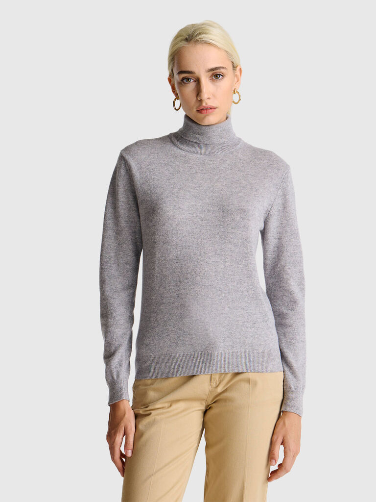 Marl gray turtleneck sweater in pure Merino wool