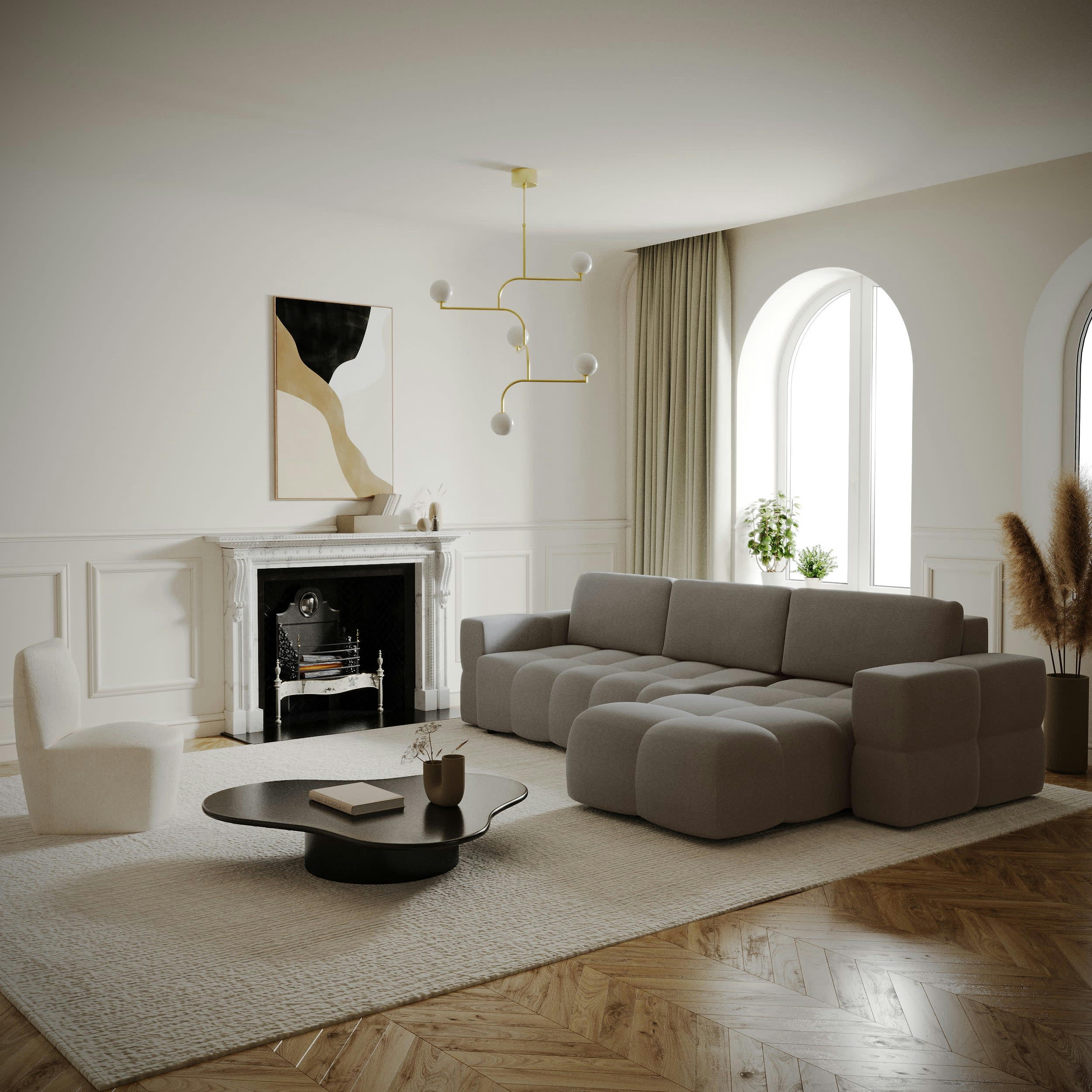 GABRIEL - Canapé d'angle droit convertible coffre tissu tramé taupe 260x180cm