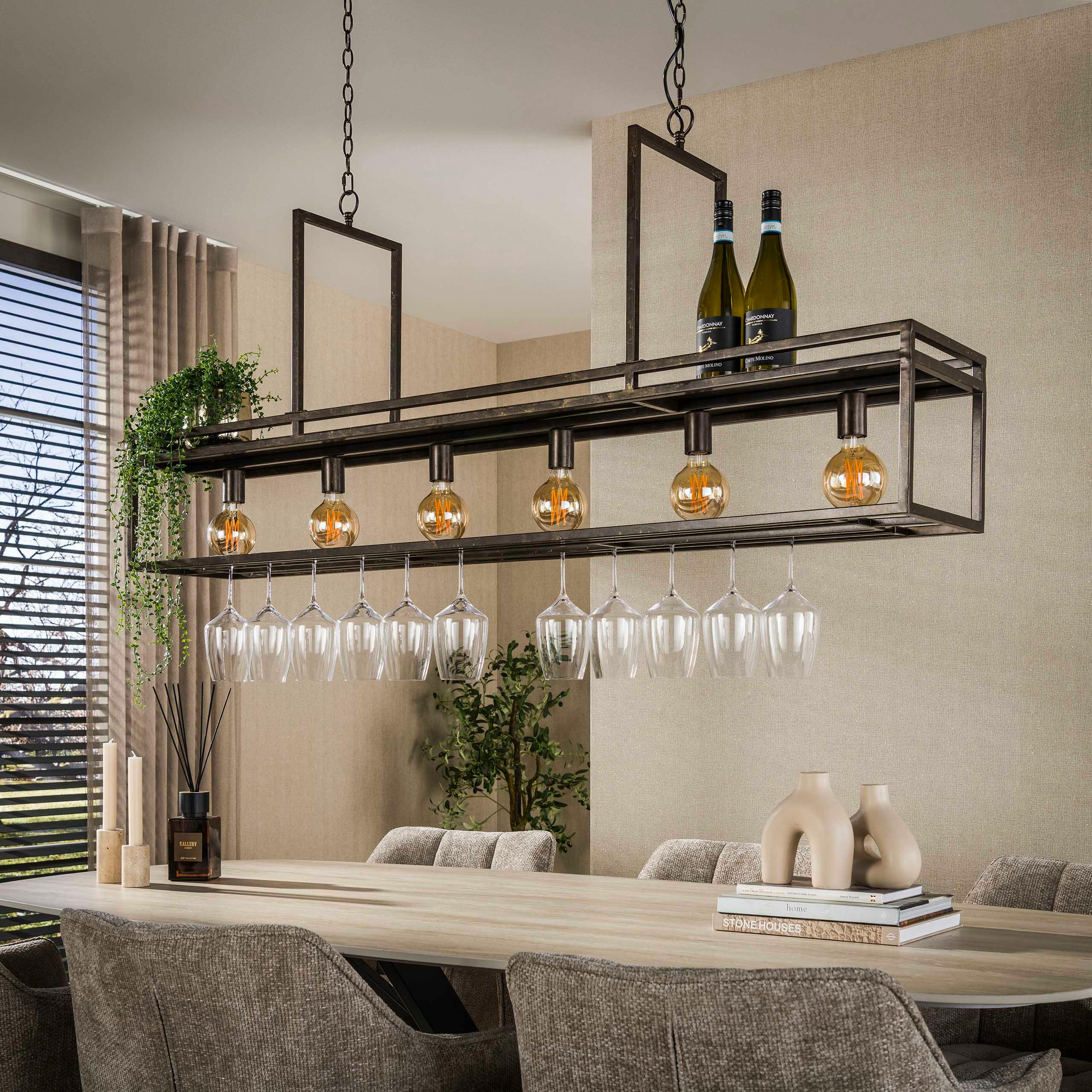 Suspension îlot cuisine métal brun avec support verres à pied 6 lampes RALF