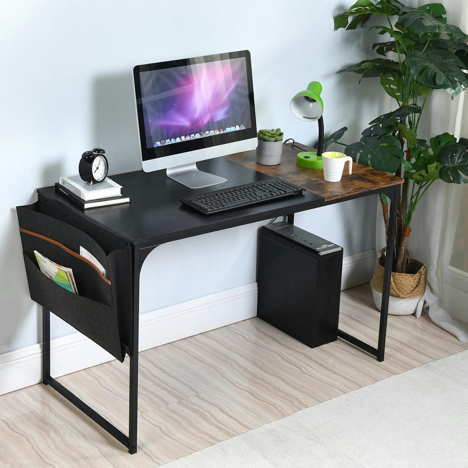 - Bureau effet bois avec sac de rangement en feutre noir 120*60