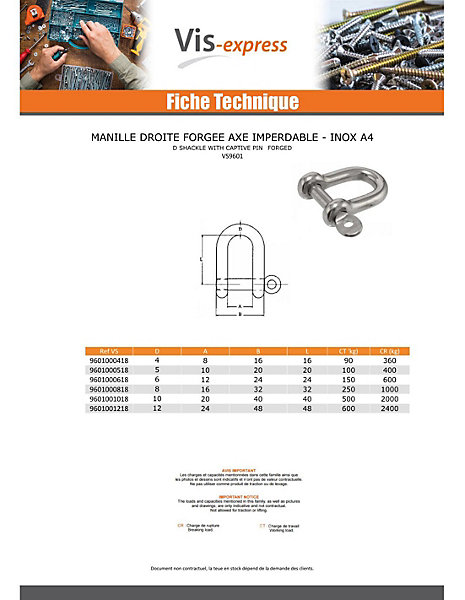 Manille Droite Forgée axe imperdable Inox A4 Diamètre 5 - 5 pièces