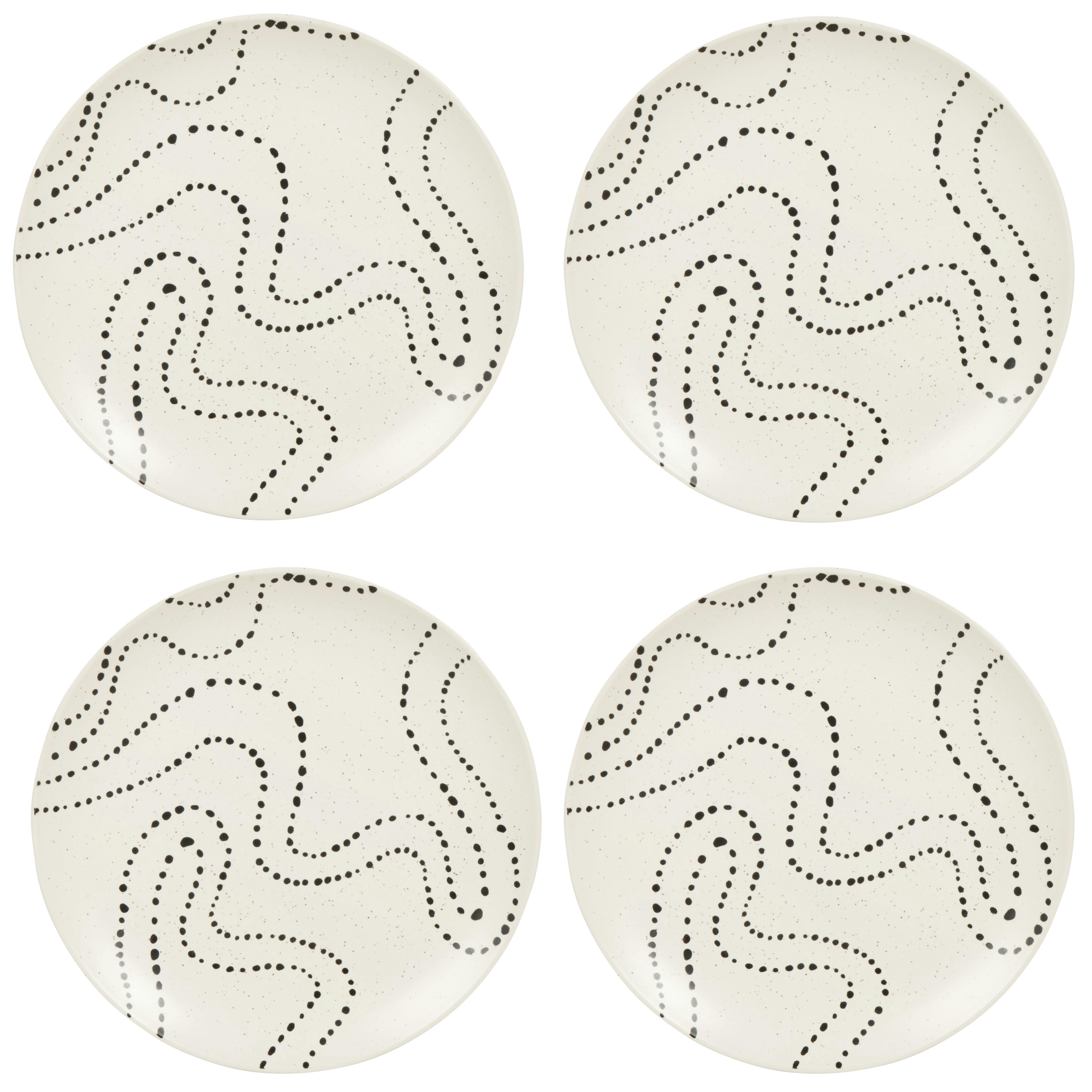 ULURU - Assiette à dessert en grès blanc motifs graphiques noirs