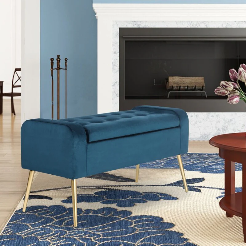 Adeco Upholstered Storage Ottoman Entryway Bench with Metal Legs