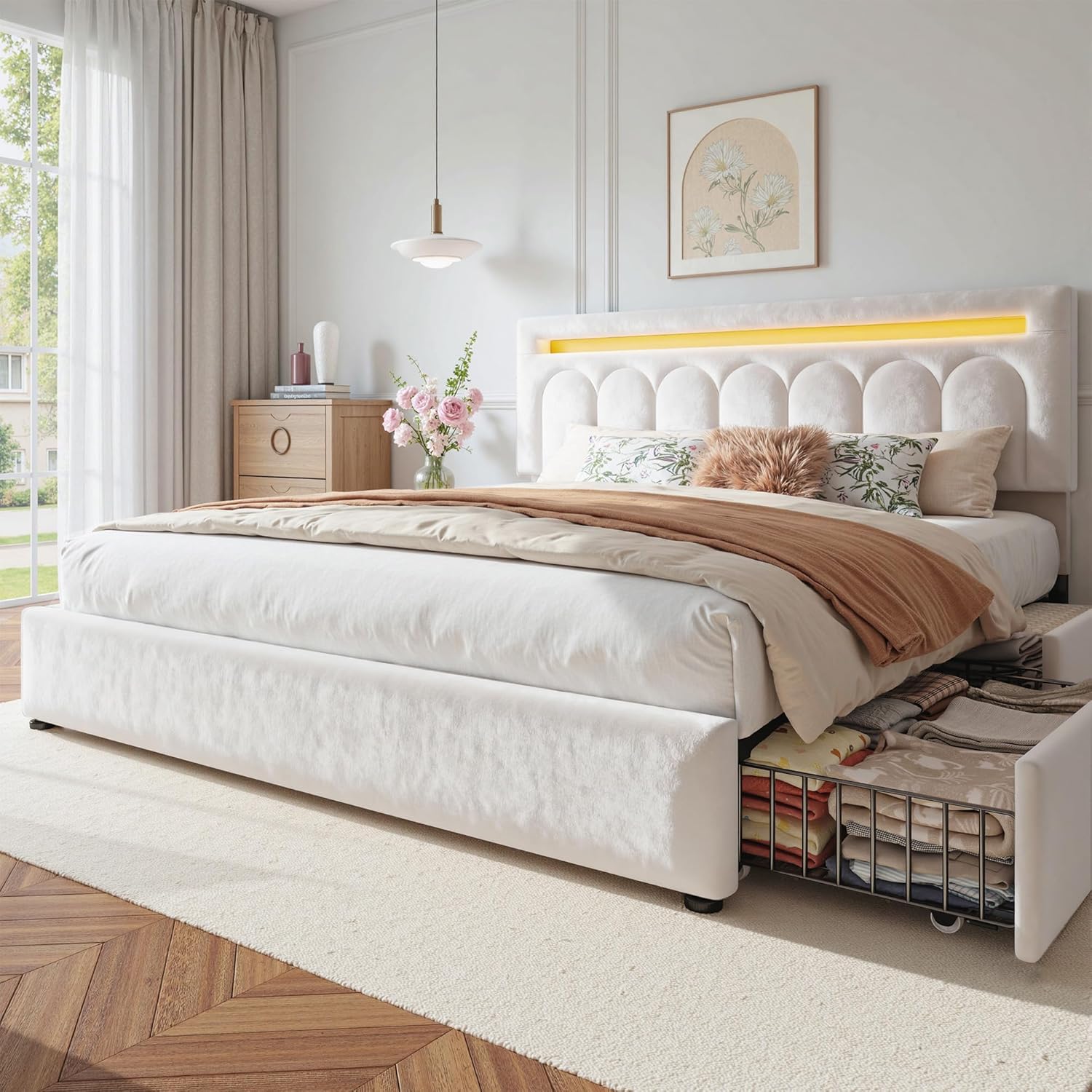 Velvet Upholstered King Size Bed Frame with 4 Storage Drawers, Vertical Arched LED Headboard, Sturdy Wood Slats Support, No Box Spring Needed, Beige