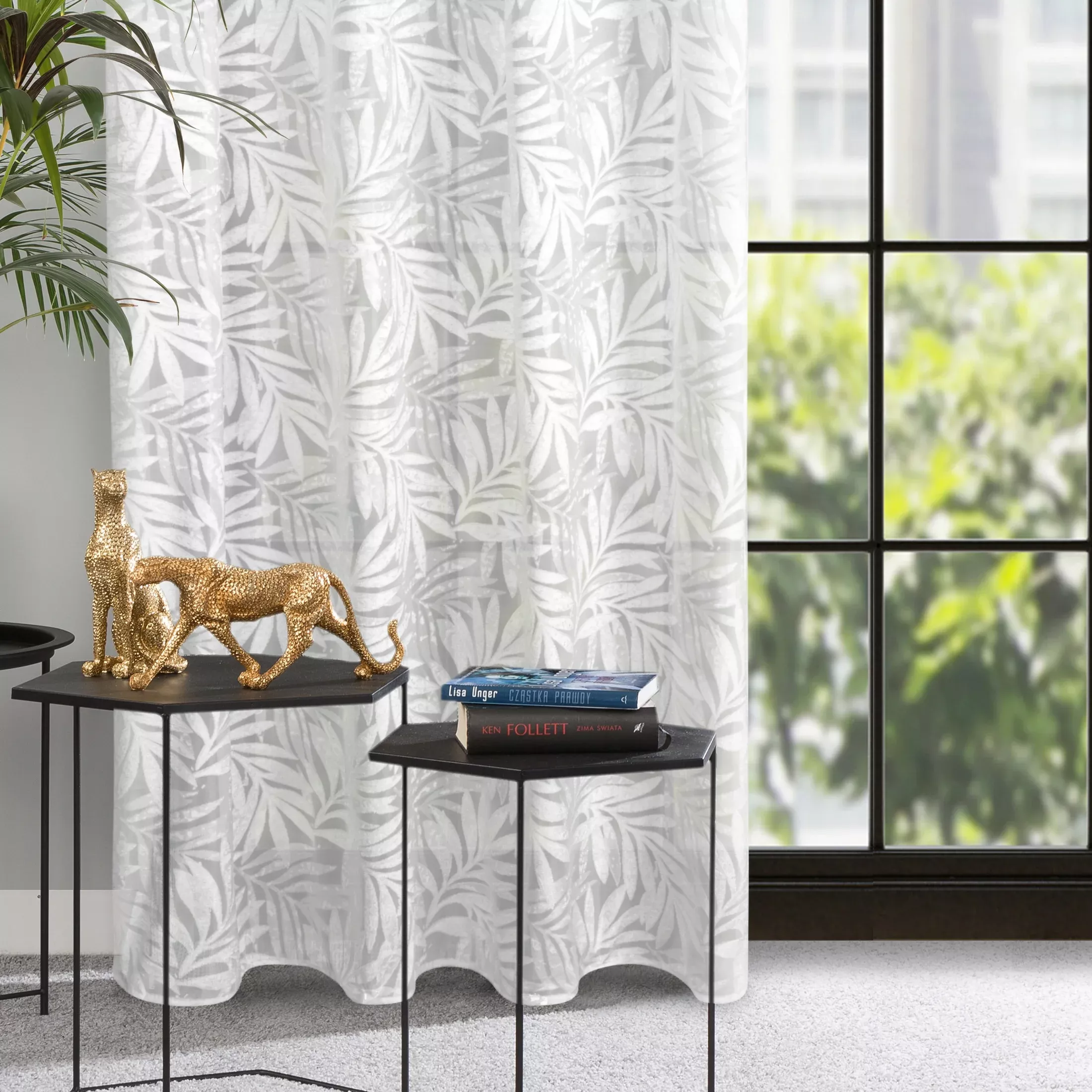 Dekoracja okienna biała z żakardowym wzorem w liście 140x250 cm przelotka - NATALY