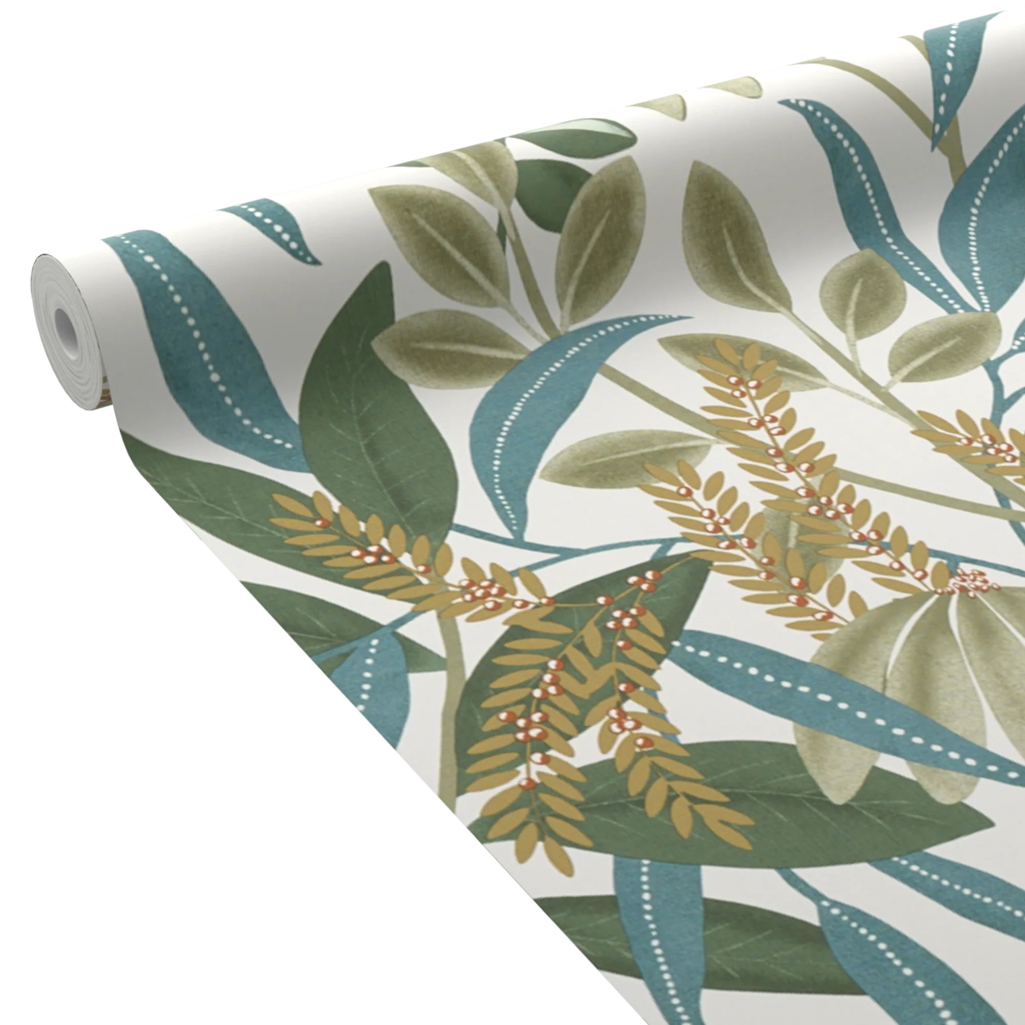 Papier peint intissé NATELIA vert feuille, kaki et bleu