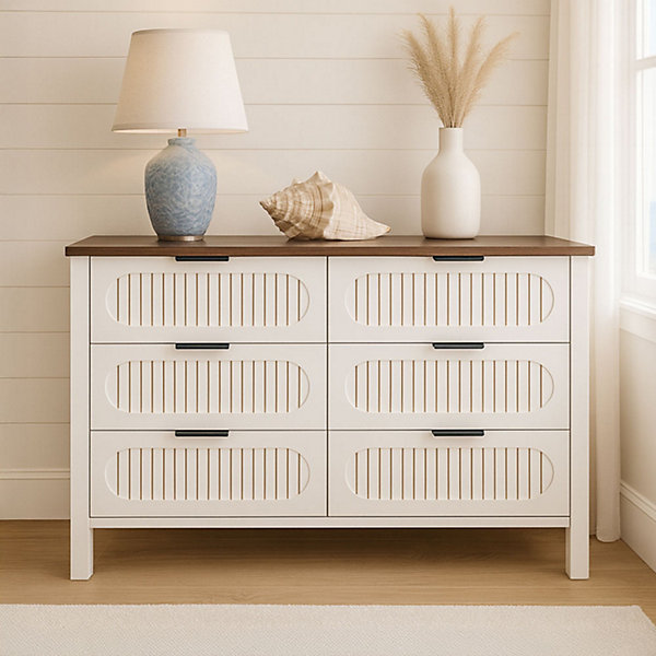 Commode 6 tiroirs blanc rainuré et bois 120cm - BRIX