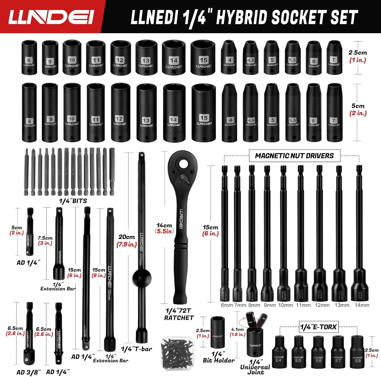 LLNDEI 1/4 Drive Socket Set 16V Brushless Impact Driver Kit, 108 PCS 6 point Metric Magnetic Nut Driver Set, including 1.5Ah Battery, Charger and a Self-Tapping Screws, Hex Drill Bits Can be Used