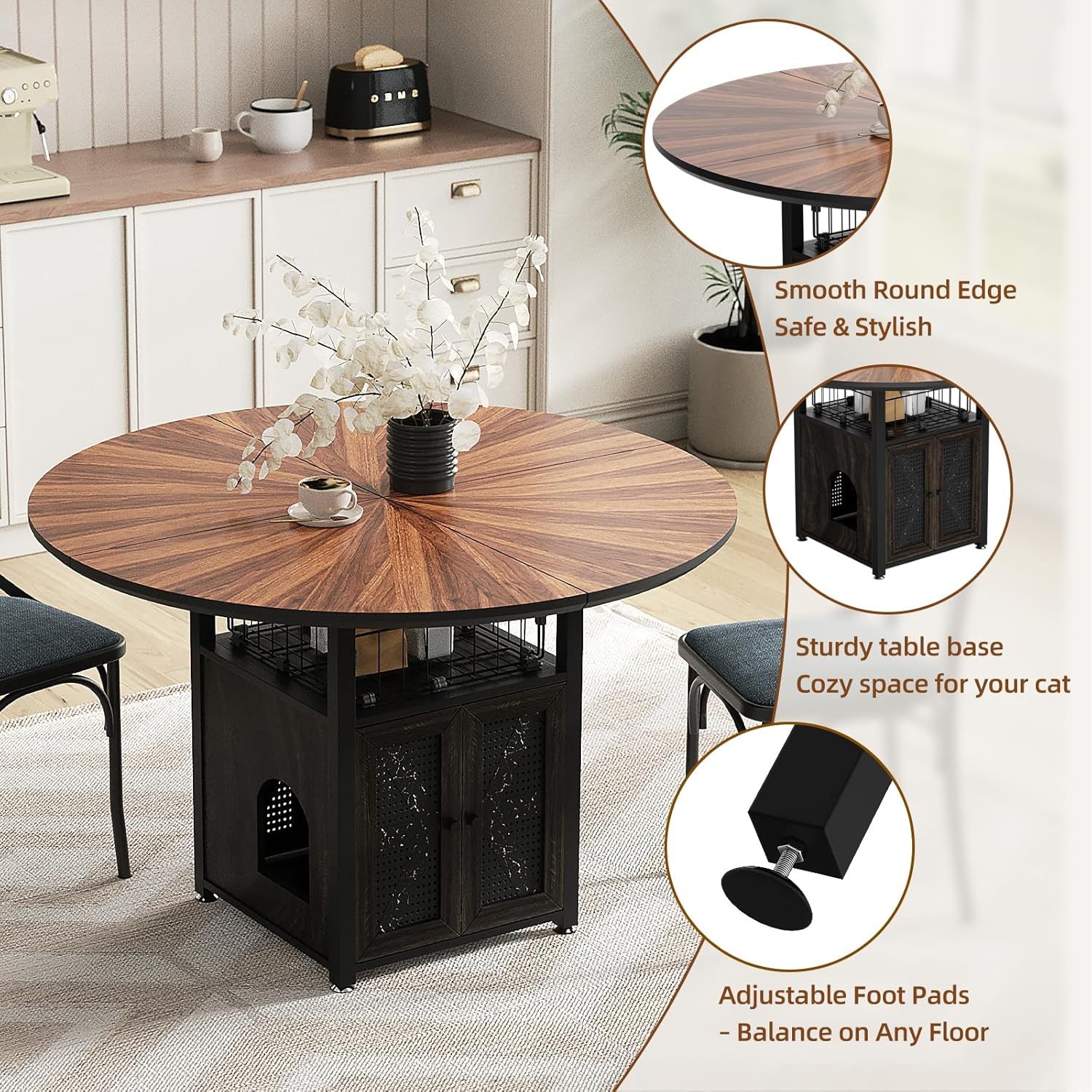 47 Round Dining Table Set for 4-6 People, Large Farmhouse Kitchen Dining Table Set with Chairs and Storage Rack, Metal Base Round Table for Home Dining Room Living Room (Cat table and 4 black chairs)