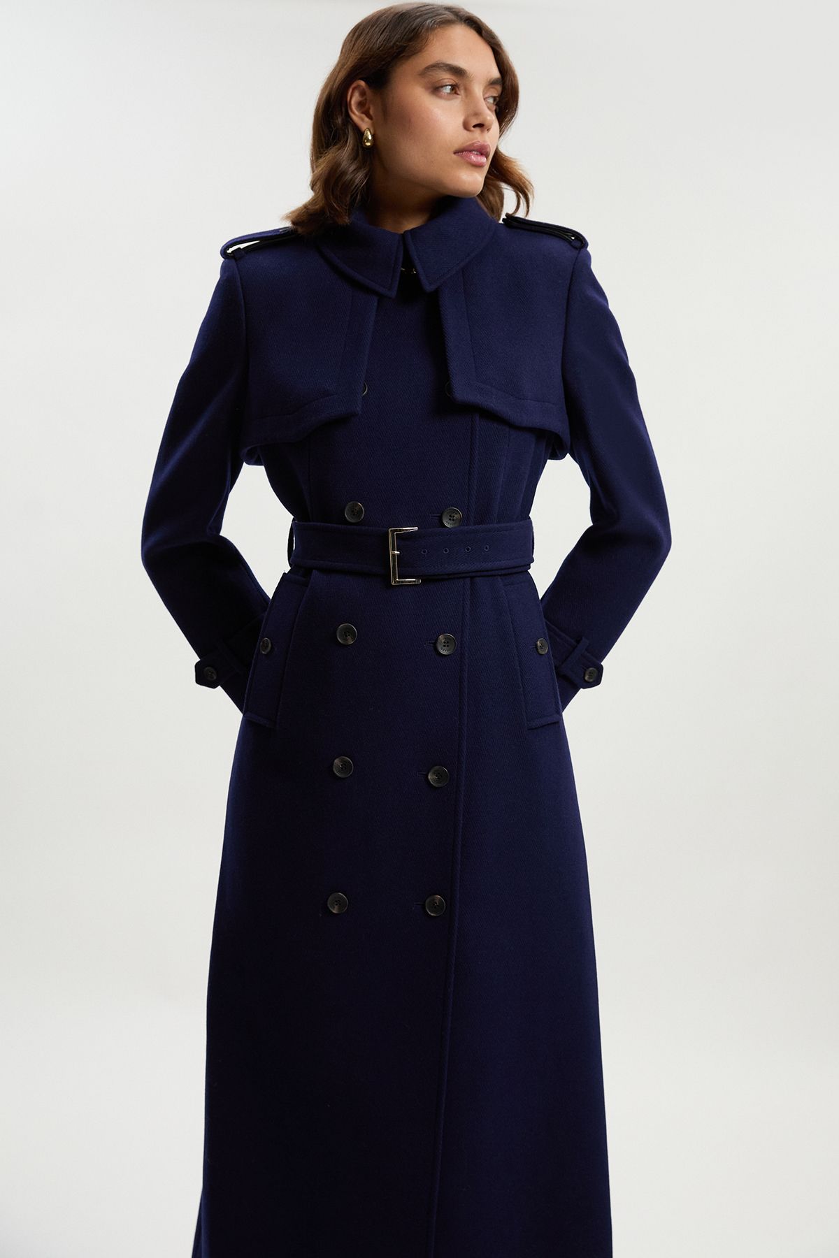 KarenMillen Wool Pu Mix Tailored Belted Trench Maxi Coat