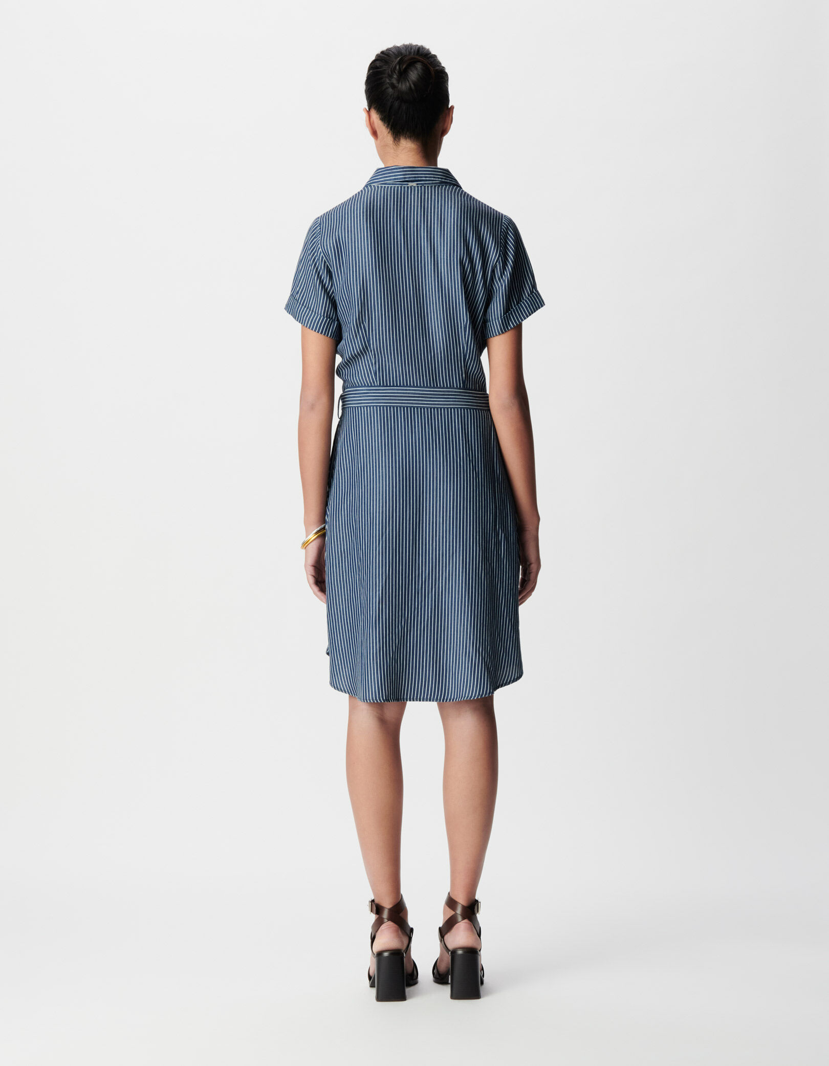 Robe chemise marine fines rayures blanches Femme