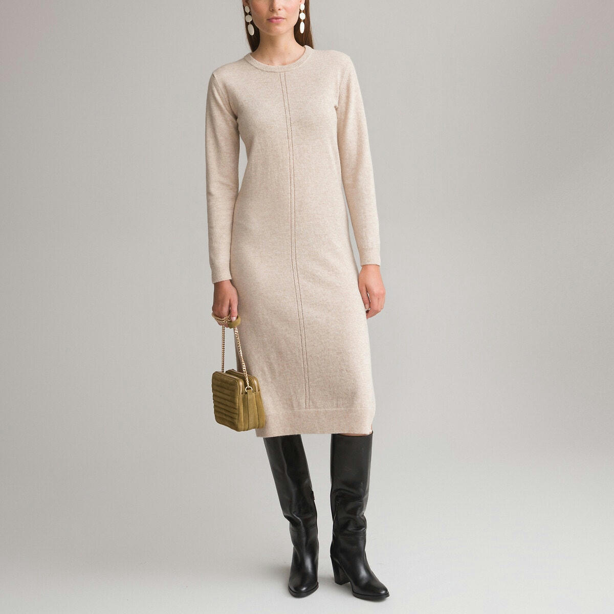 Robe droite, en tricot, manches longues