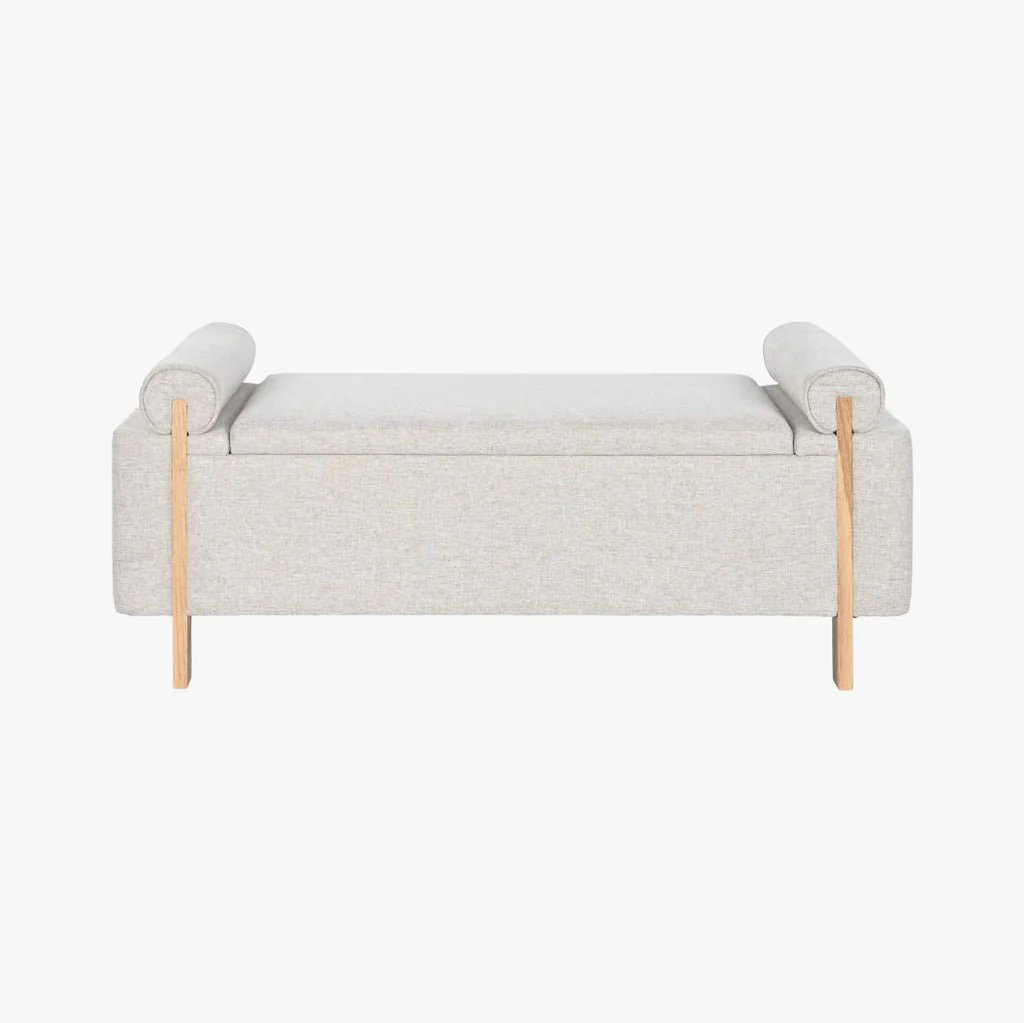 Banqueta Cinza de Tecido e Madeira com Arrumação 120x45x50 SERENA