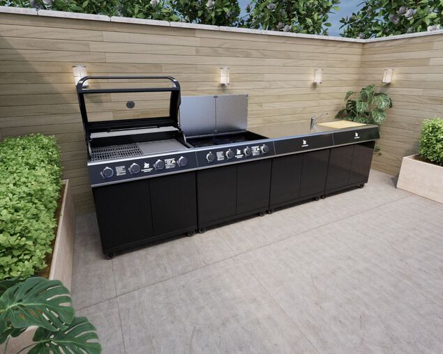 Beefmaster Premium 4 Burner Outdoor Kitchen with Range, Sink & Bench on Classic Carts
