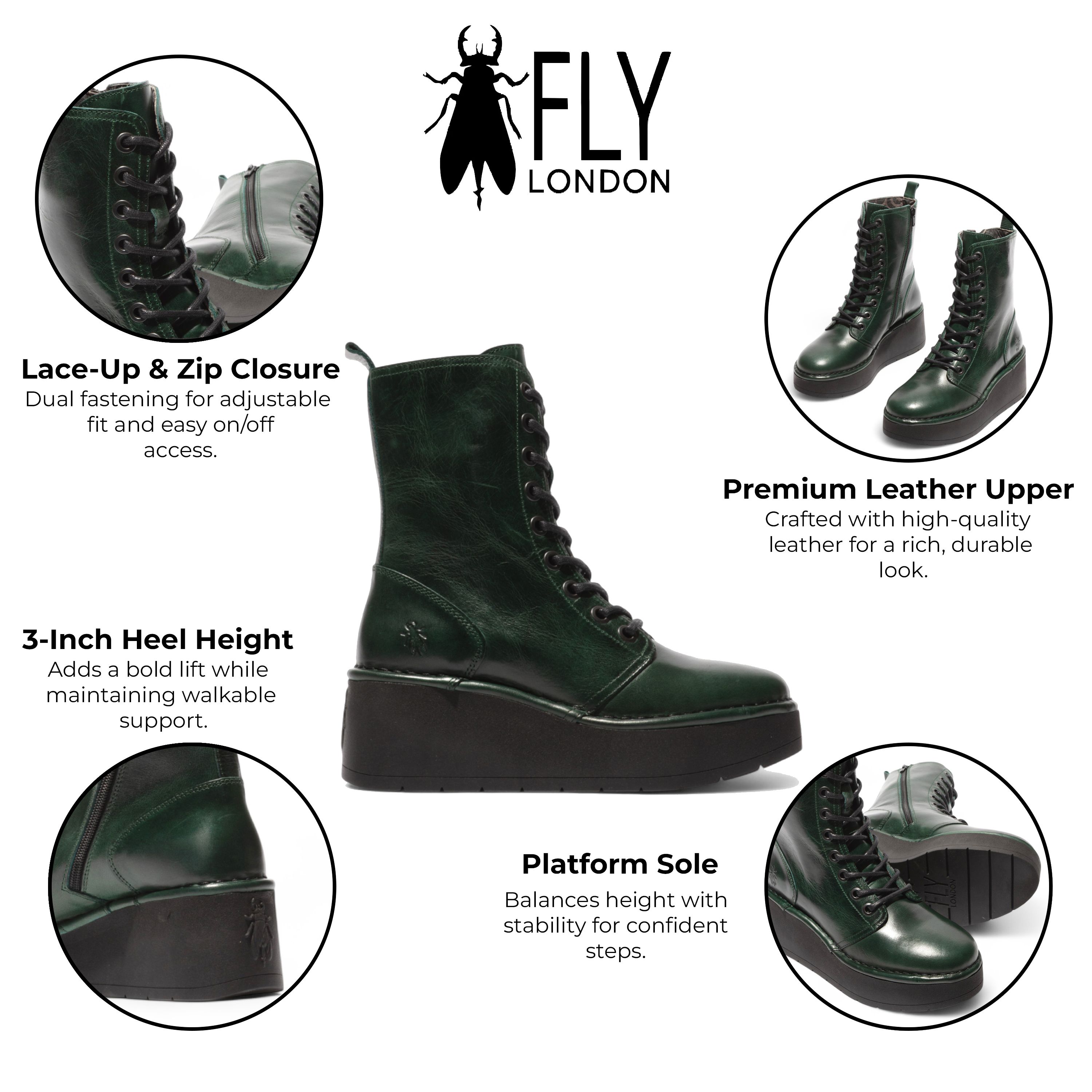Infinity Leather Fly London HAIT273 Leather Lace-up Chunky Platform Ankle Boots