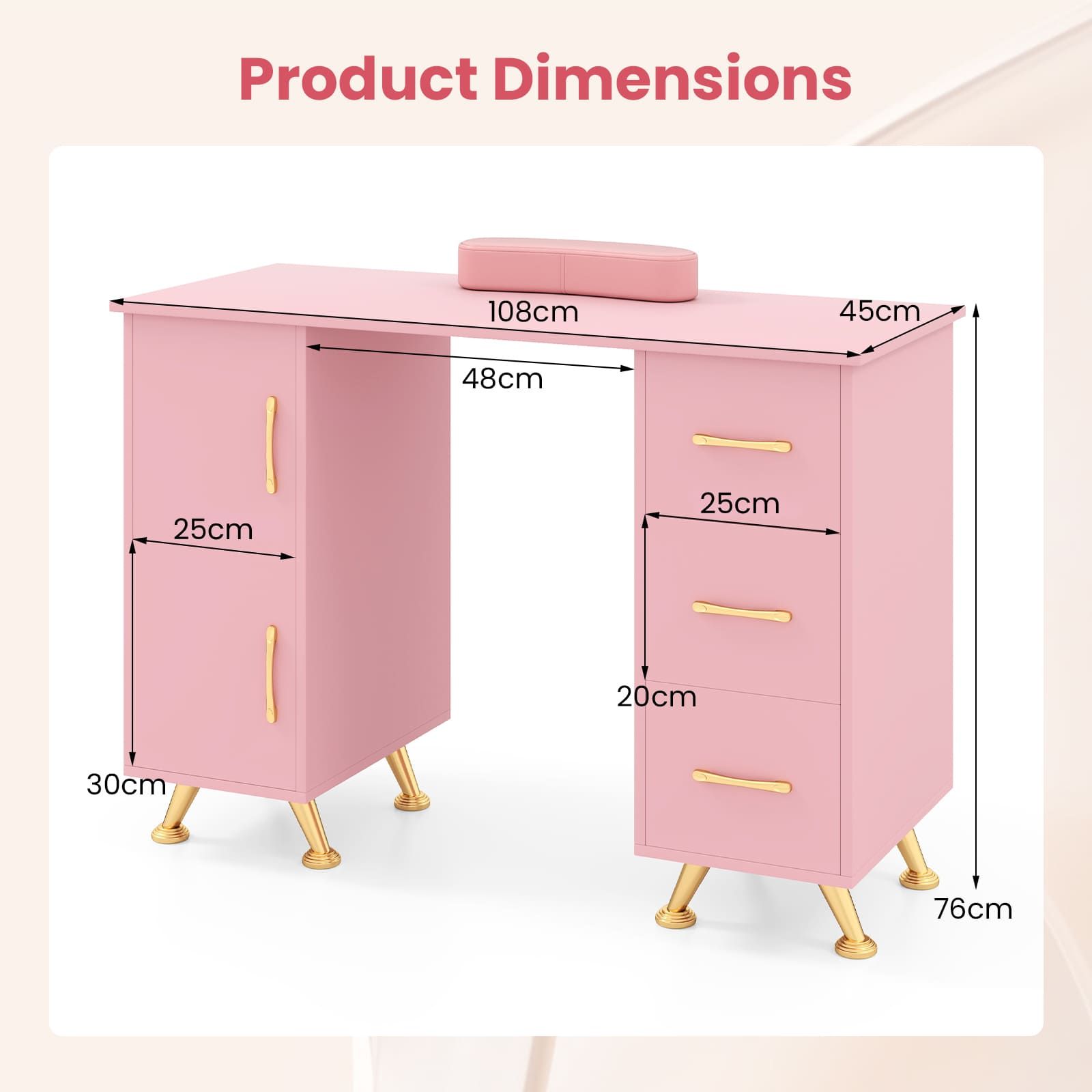 Costway Manicure Table Nail Desk Nail Tech Table Station with 8 Metal Legs