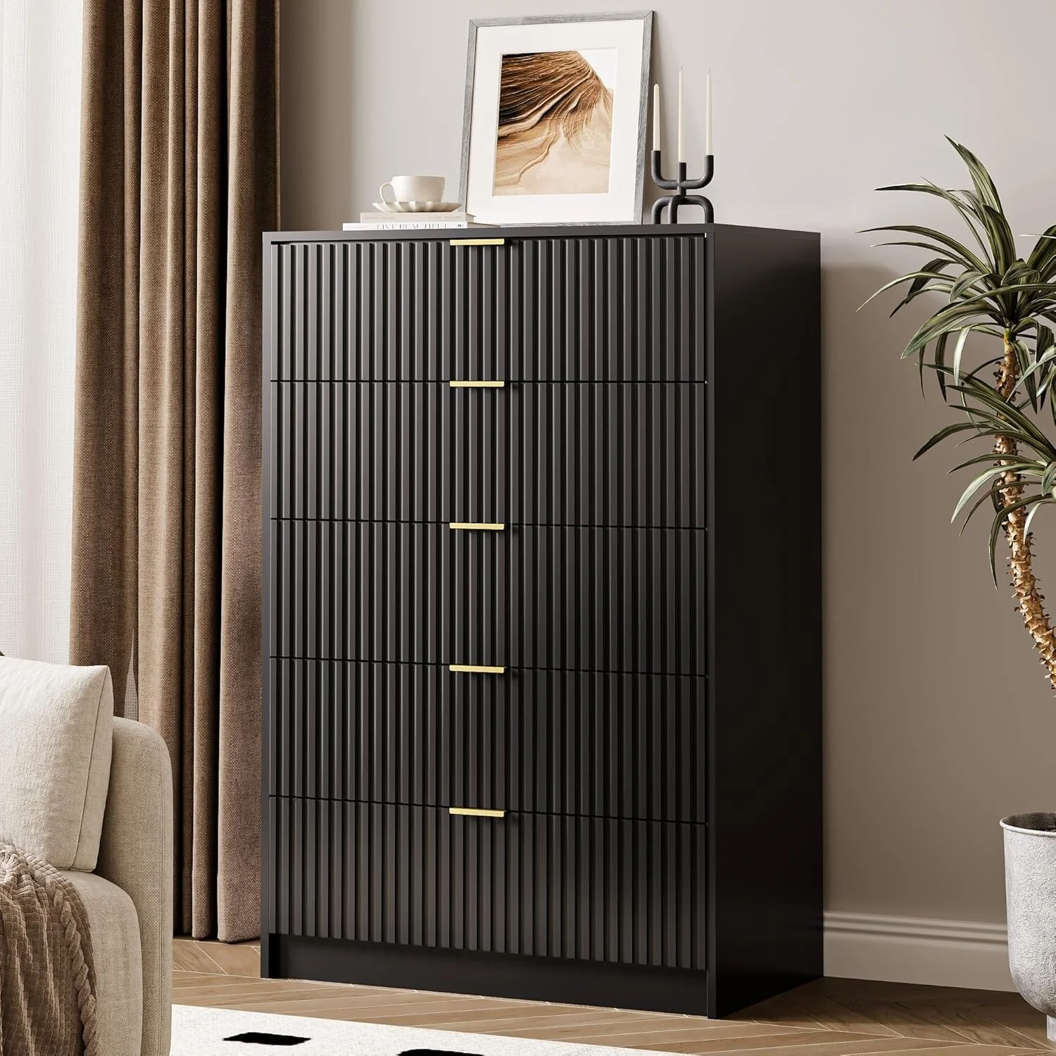 Drawer Tall Dresser with Gold Handles 32 Inch Wide Chest for Bedroom Living Room Office Entryway