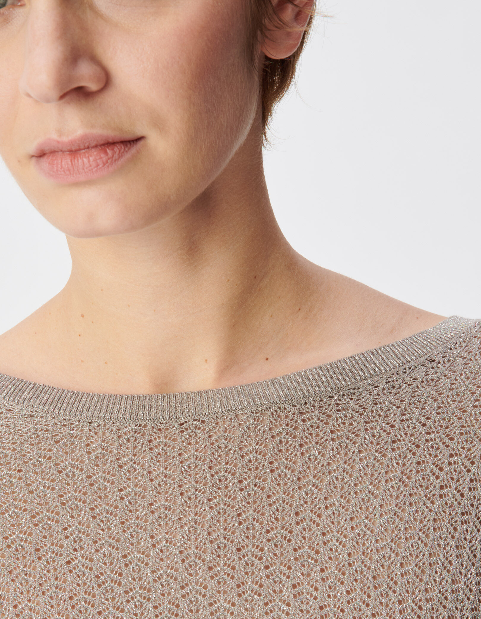 Pull chic beige tricot fantaisie pailleté ajouré Femme