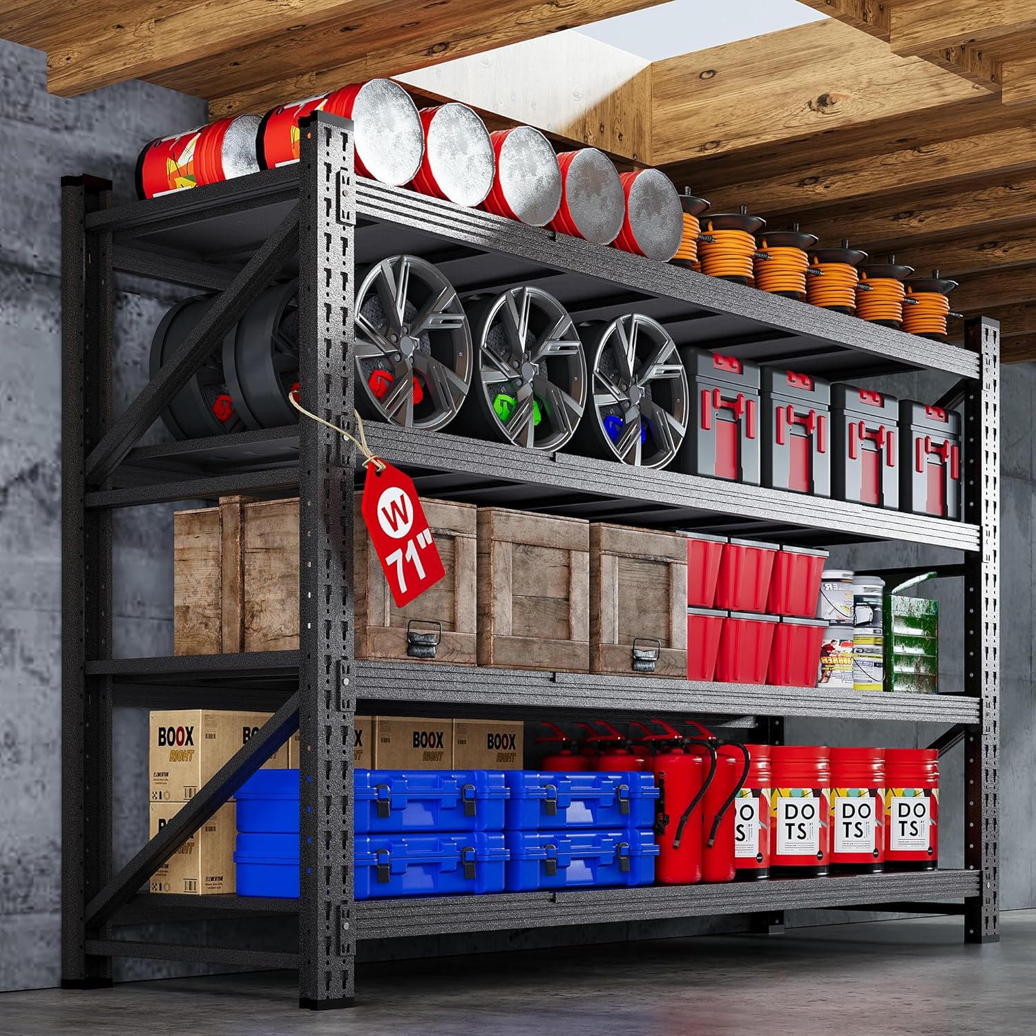 71”W Garage Shelving Units, 5000LBS Storage Shelves Heavy Duty, 24 Deep Metal Shelving Rack, 4 Tier Large Tall Industrial Shelving , Adjustable Standing Shelf for Warehouse / Shop 71W x 24D x 70H