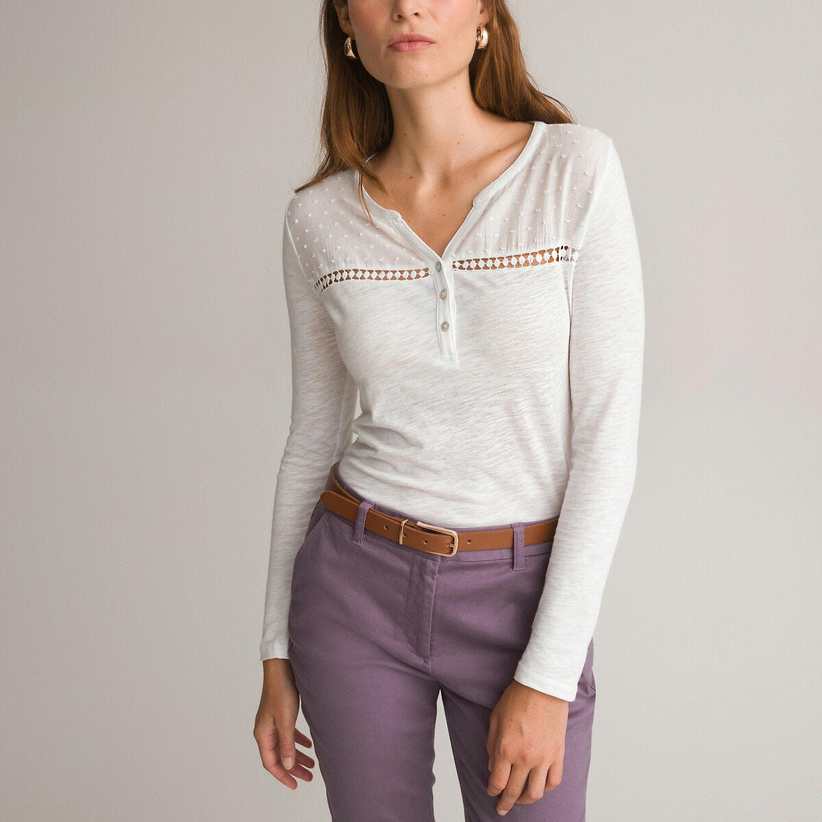T-shirt col tunisien, pur coton flammé