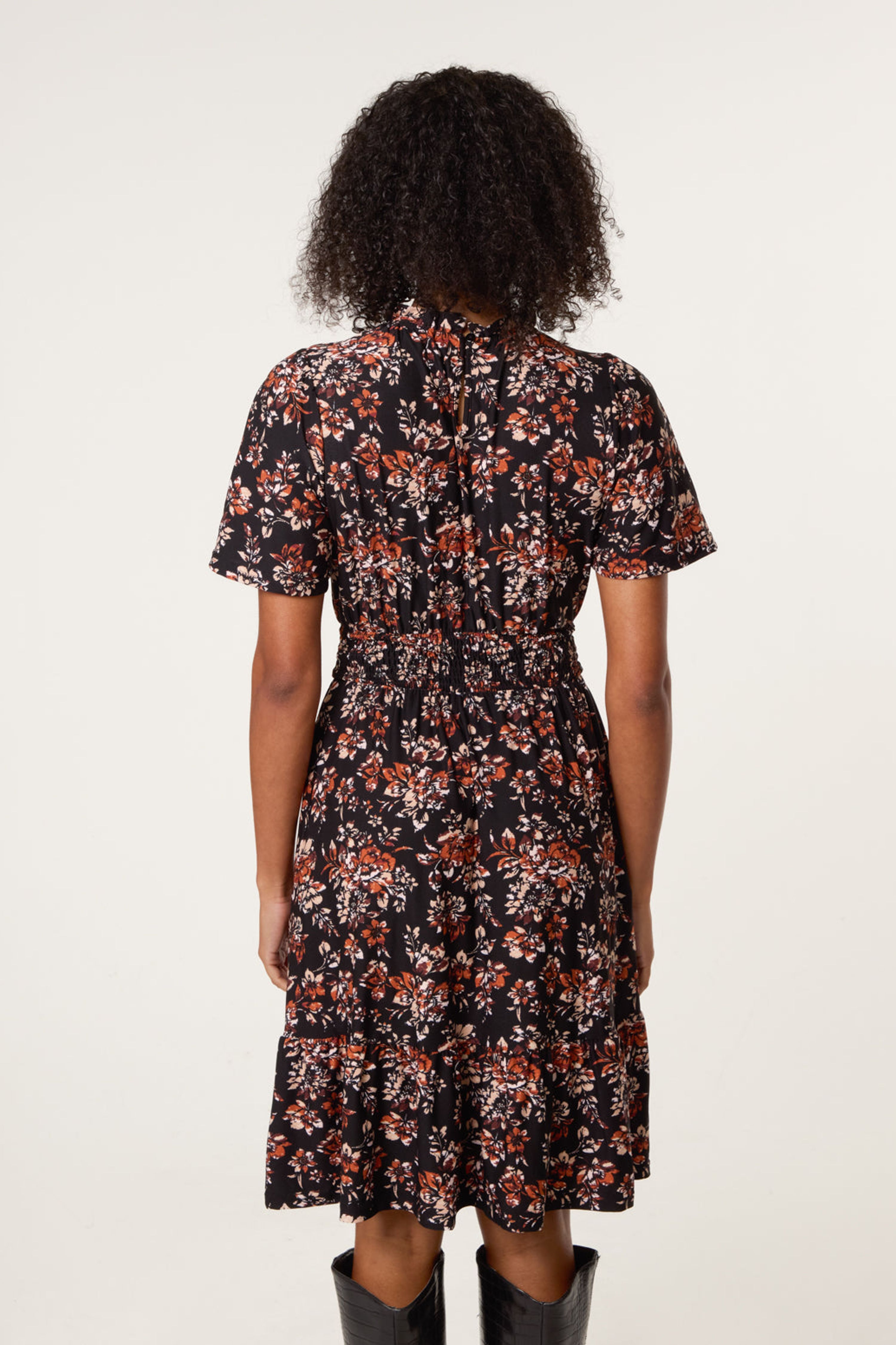 Blue Vanilla Black Frill Neck Shirred Waist Mini Dress