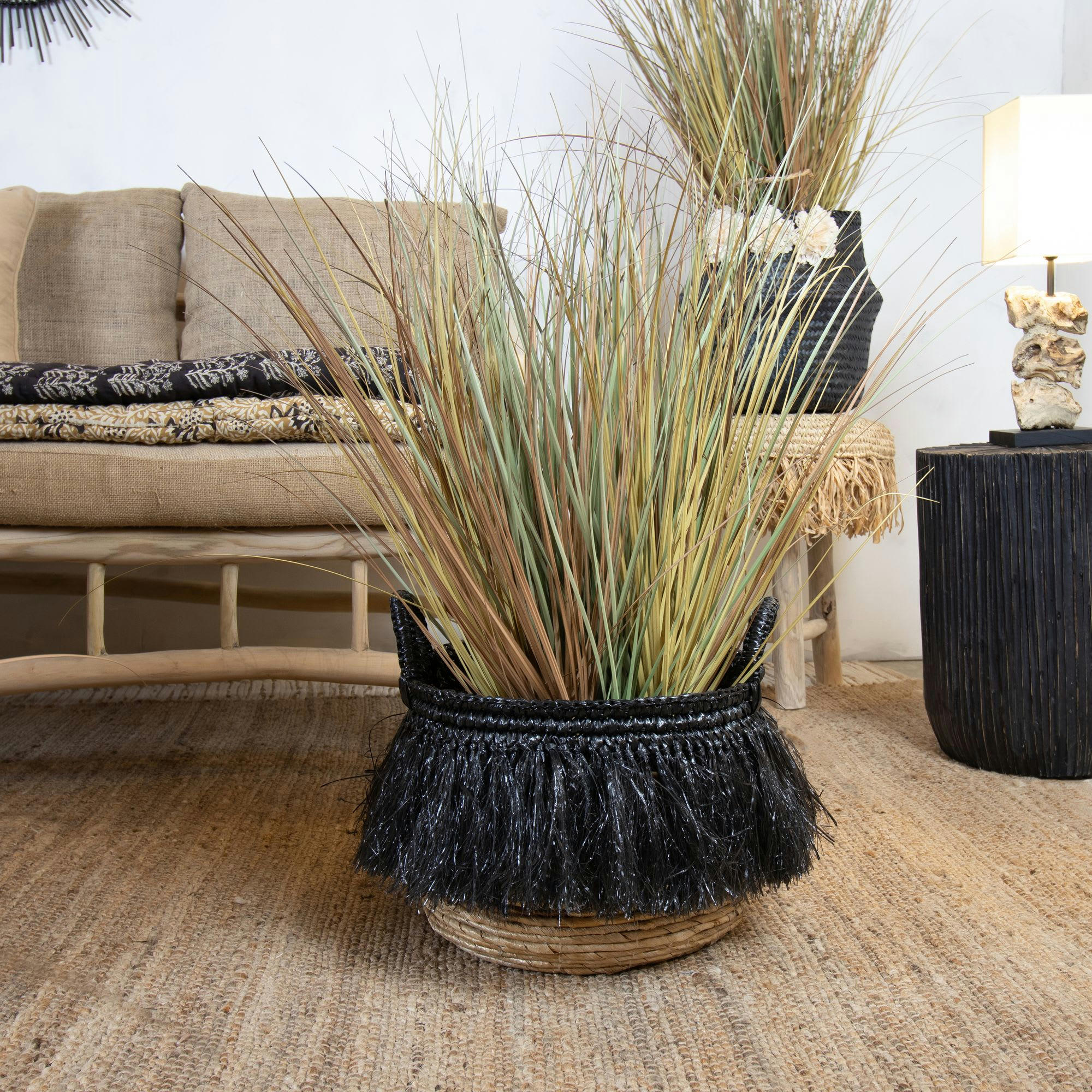 ZALO - Panier en abaca avec franges noires