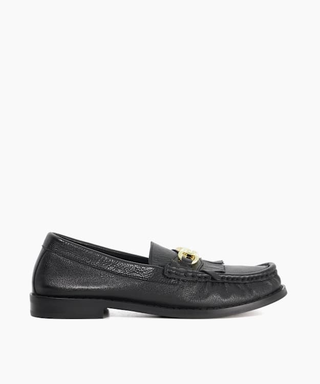 Granules Black - Leather Gold Chain Trim Fringed Loafer