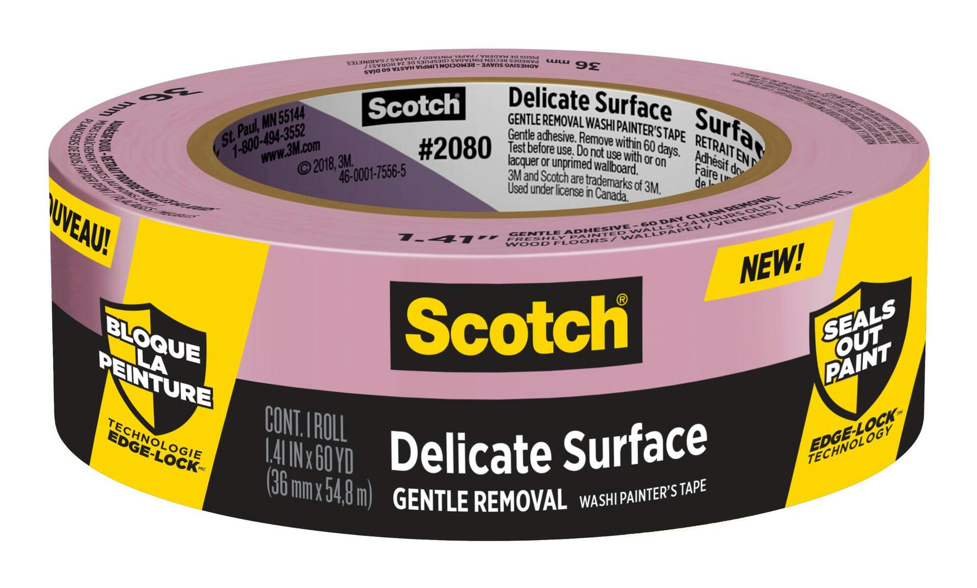 3M Scotch Delicate Surface Gentle Removal Washi Painter's Tape, Pink, 1.41-in x 60-yd