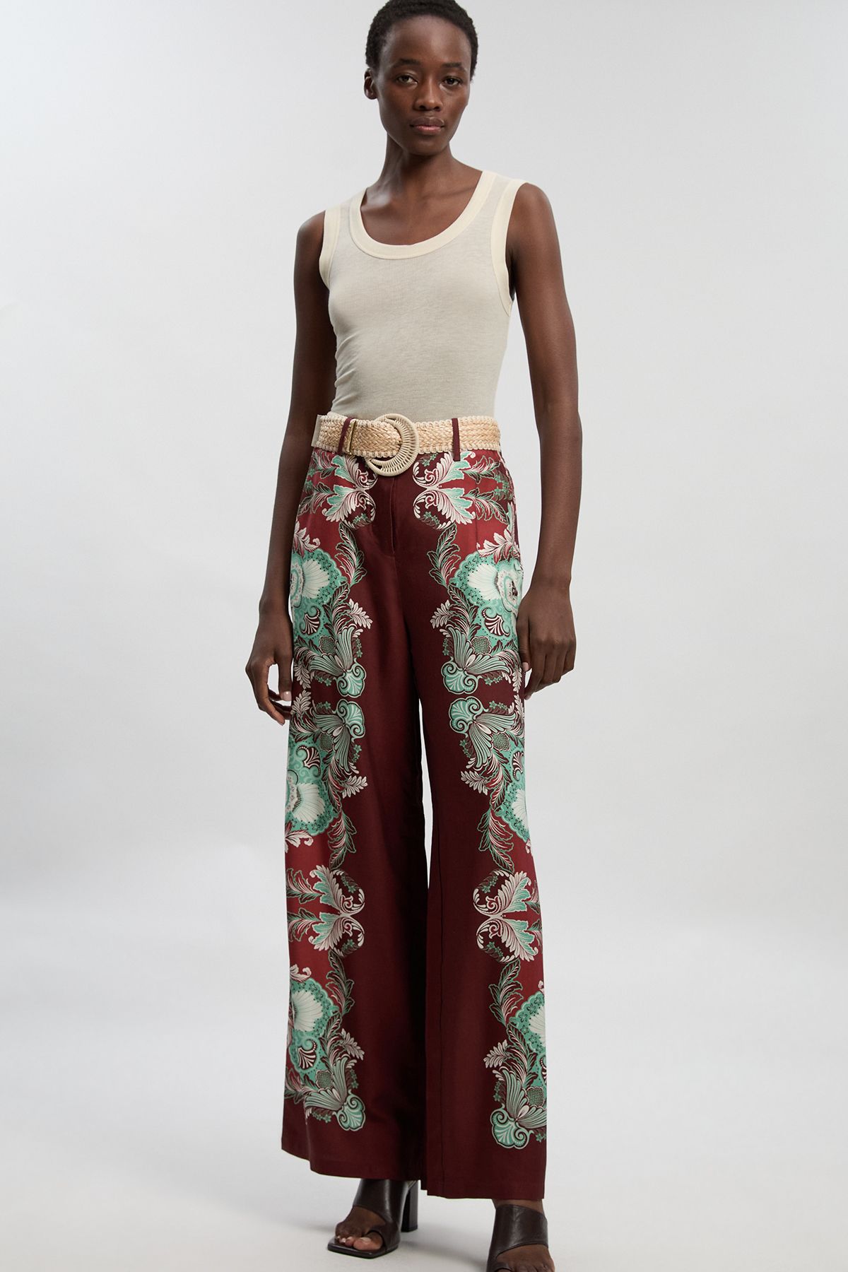 KarenMillen Mirrored Viscose Linen Print Woven Wide Leg Trouser