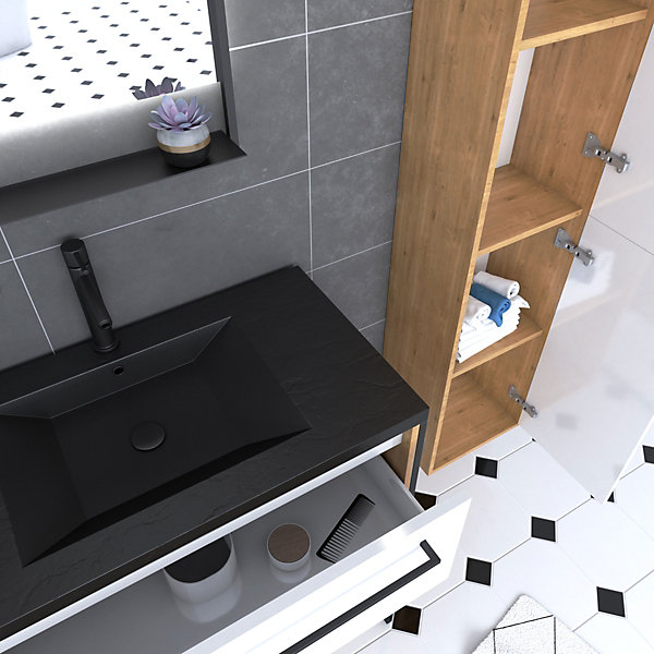 Meuble Salle de Bains 80 cm, Vasque Noire, Miroir Led et Colonne - Chêne et Blanc - STRUCTURA
