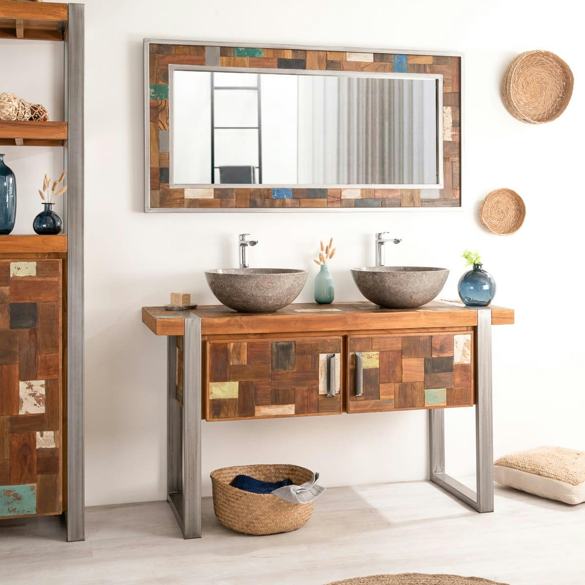 - Meuble double de salle de bain en teck recyclé et métal L140cm