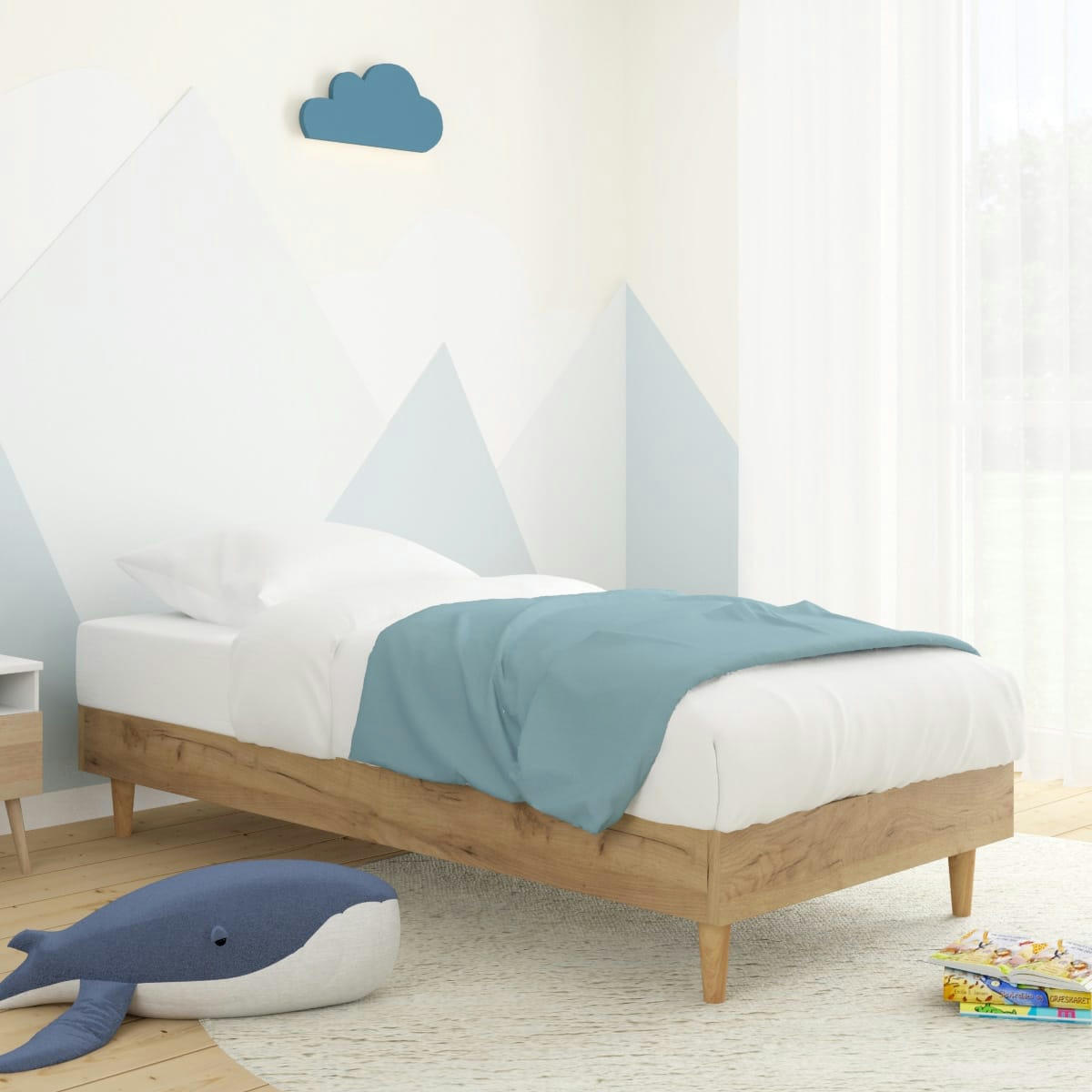 PACO - Lit adulte 90x190 cm effet chêne + sommier à lattes