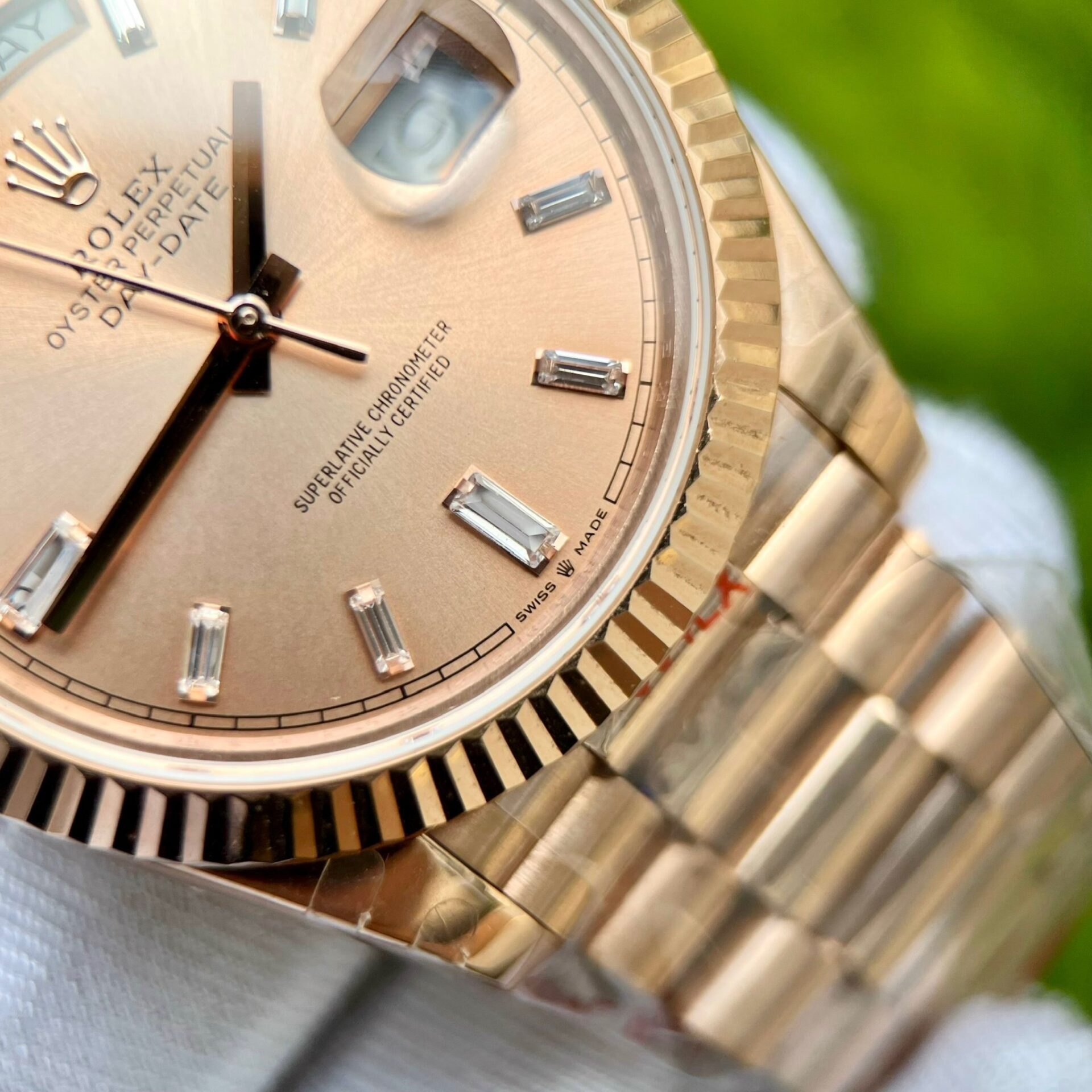 Rolex Day-Date 228235 RG Plated Pink Dial CZ Diamonds 40mm Super Clone