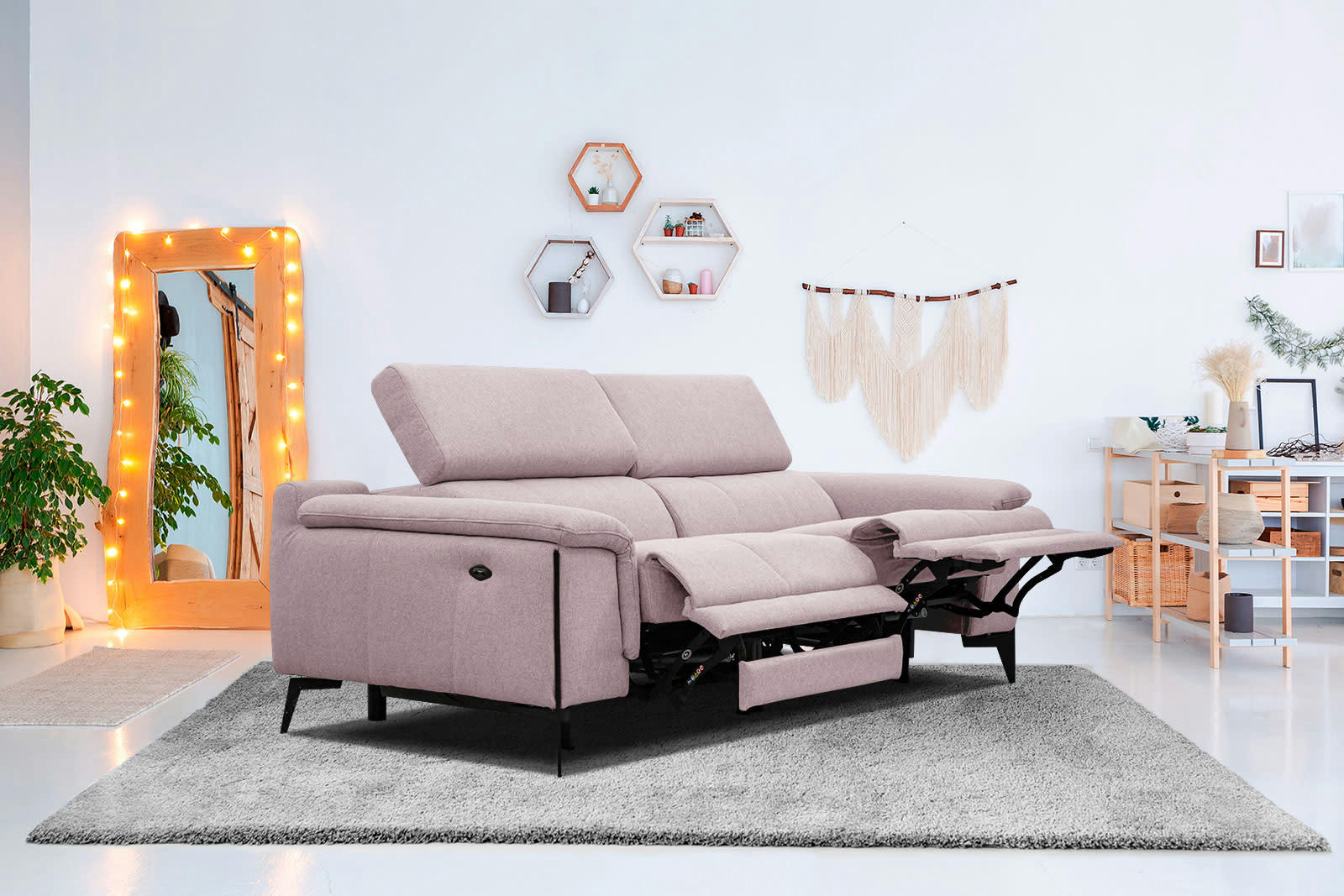 MATERA - Canapé droit 3 places avec 2 relax électrique tissu rose