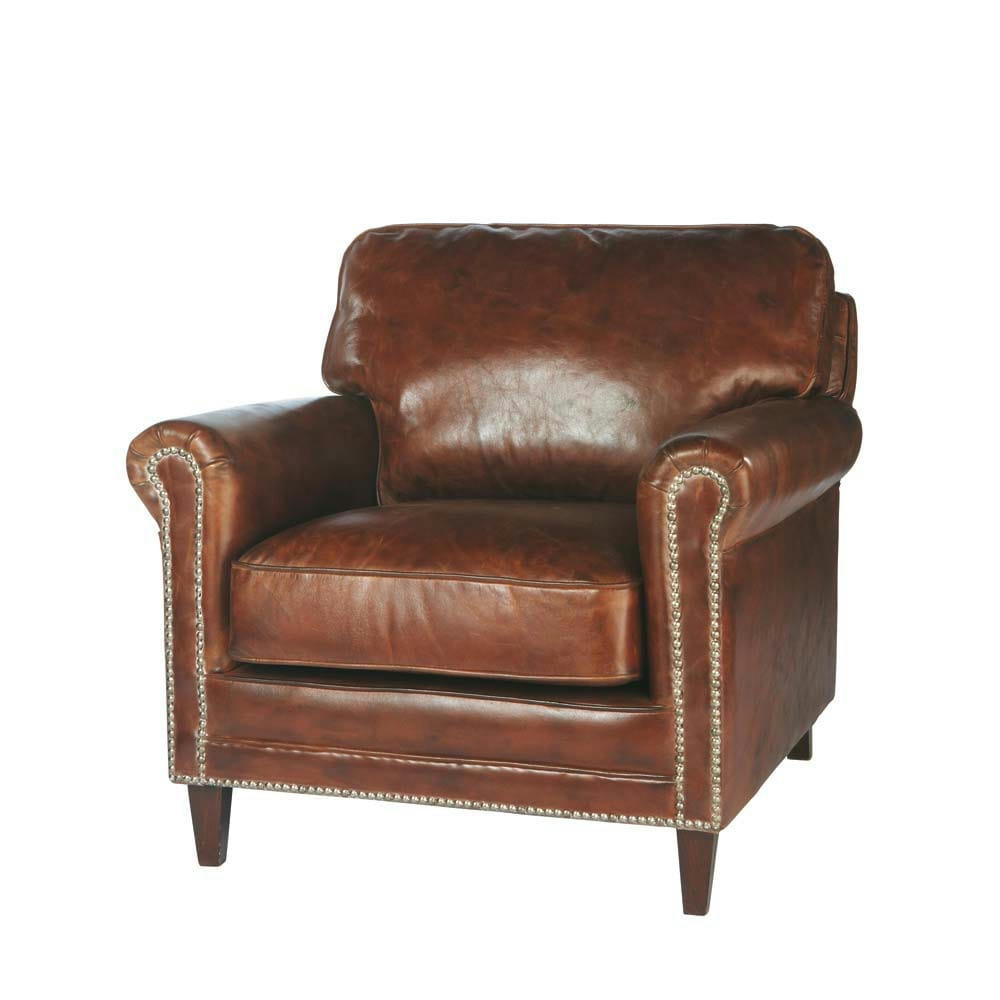 - Fauteuil en cuir marron effet vieilli