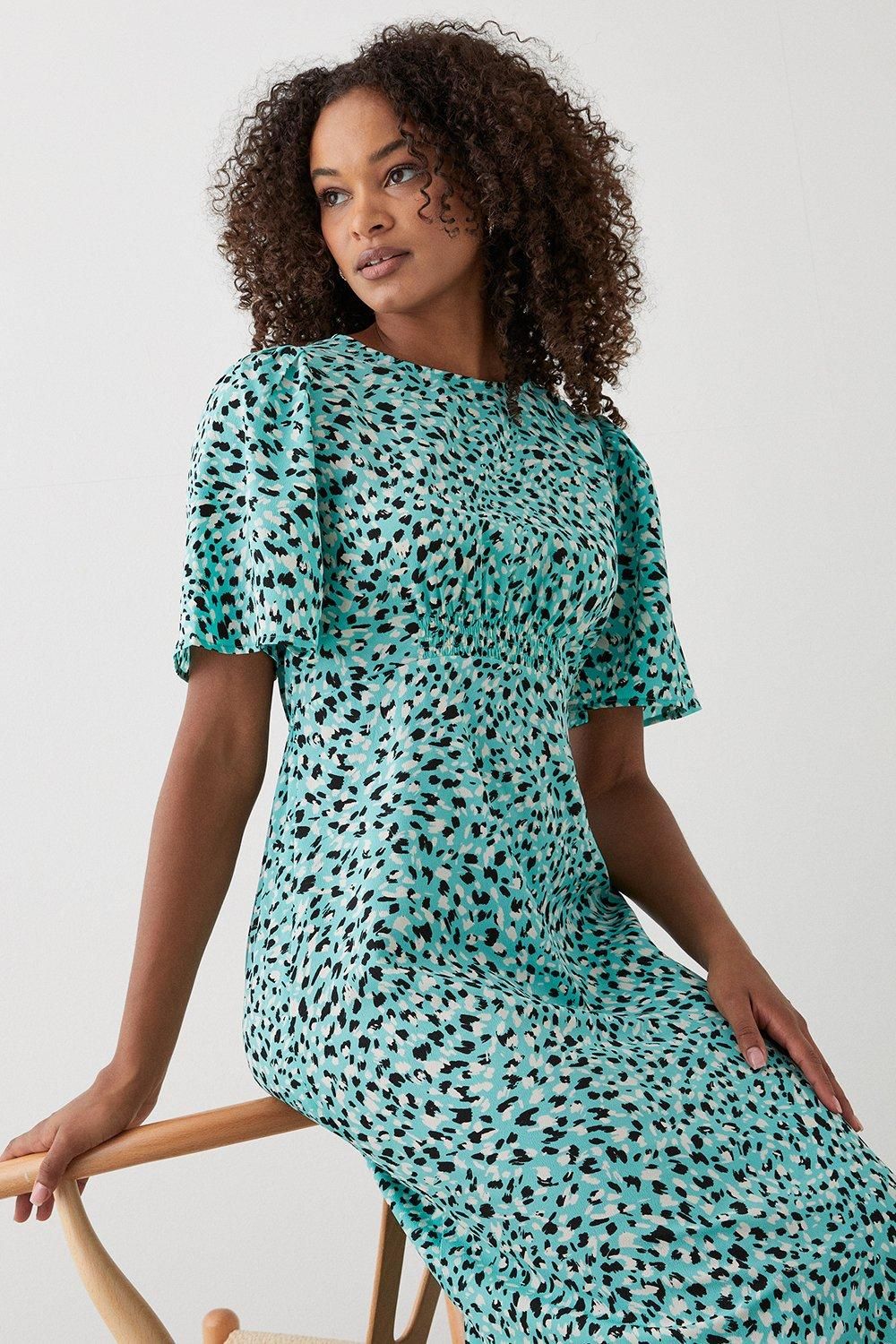 Dorothy Perkins Green Animal Flutter Sleeve Shirred Waist Midi Dress