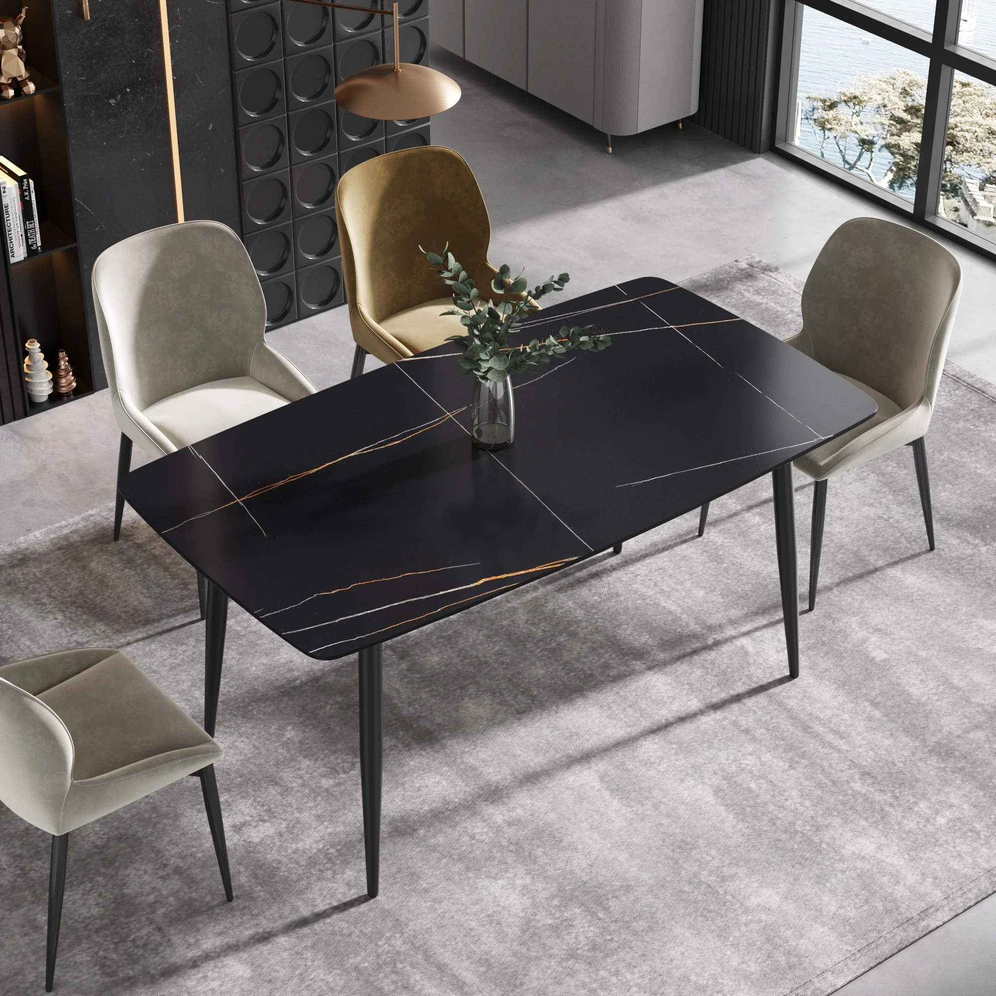 63 Modern Sintered Stone Dining Table,Solid Black Carbon Steel Base