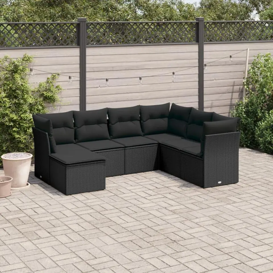 vidaXL - Loungeset - Zwart - Poly rattan - 7 stuks - Met kussens
