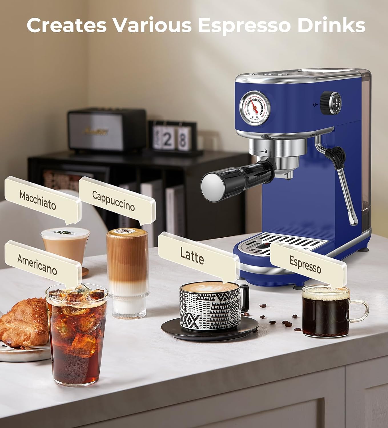 20 Bar Espresso Machine with Milk Frother, Compact Espresso Maker, Stainless Steel Coffee Machine with Precise Temp Control & 44oz Removable Water Tank for Latte, Cappuccino, Dark Blue